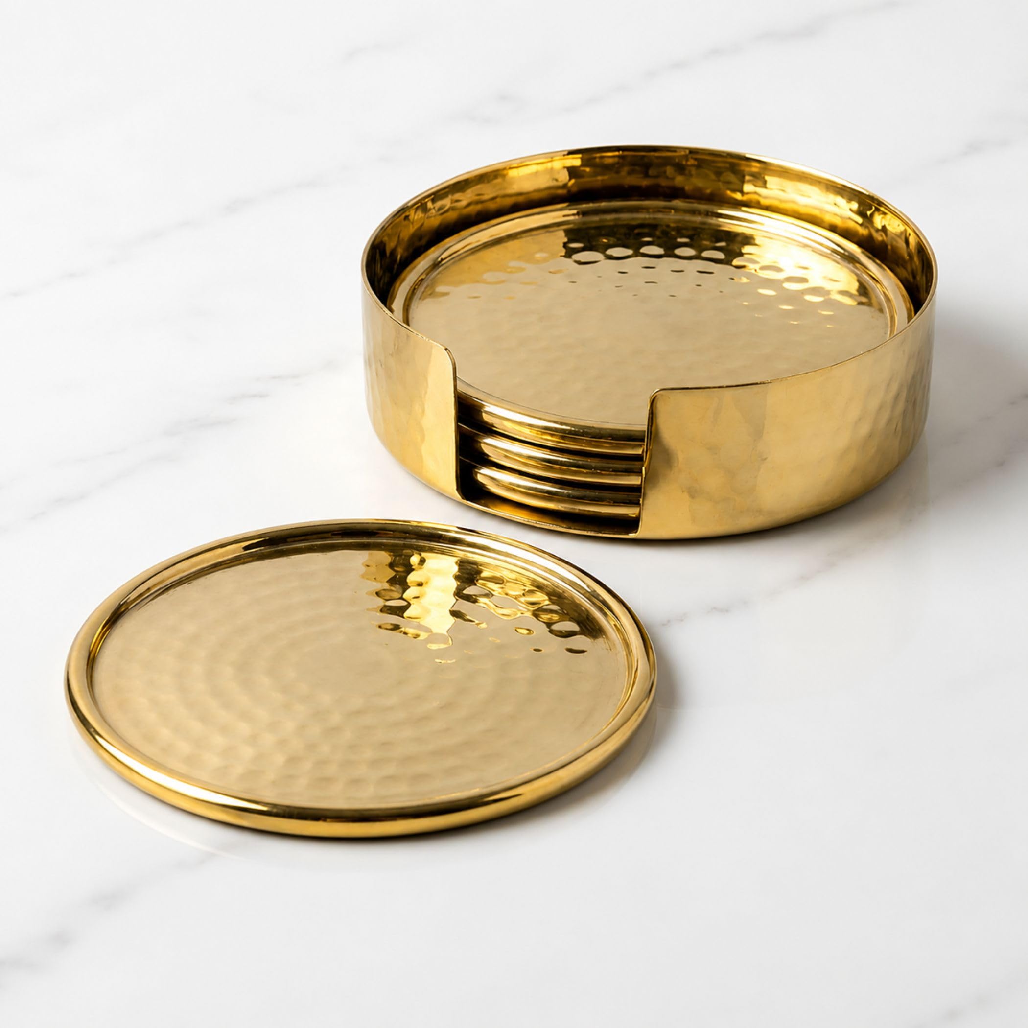 Hammered Brass Drink Coasters with Holder – Set of 4 | Glossy Finish Round Metal Coasters for Glasses, Cups & Mugs | Durable Table Protection & Tabletop Décor (4 Inch Diameter)-image-22