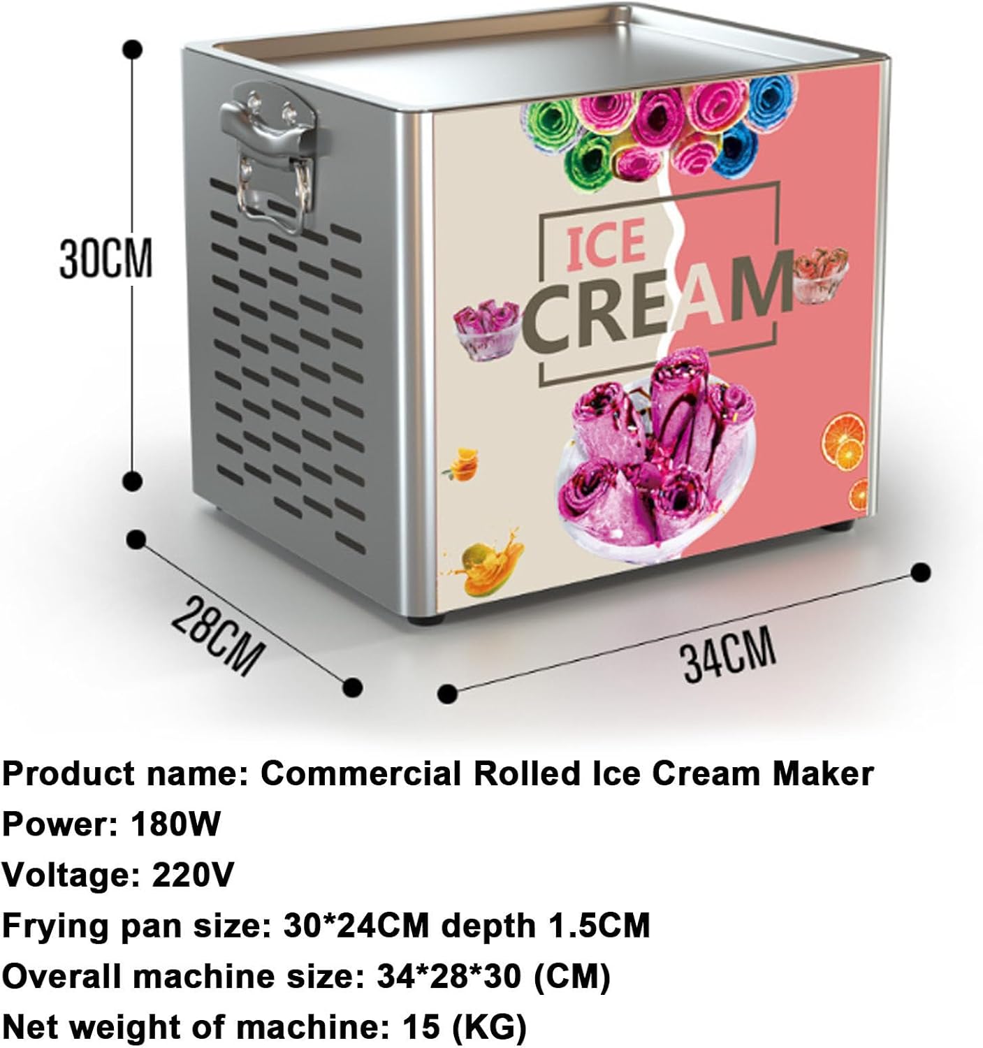 Stir-Fried Ice Cream Roll with Single Square Pan and 2 Scrapers, Commercial Stainless Steel Stir-Fried Ice Cream Roll Maker,