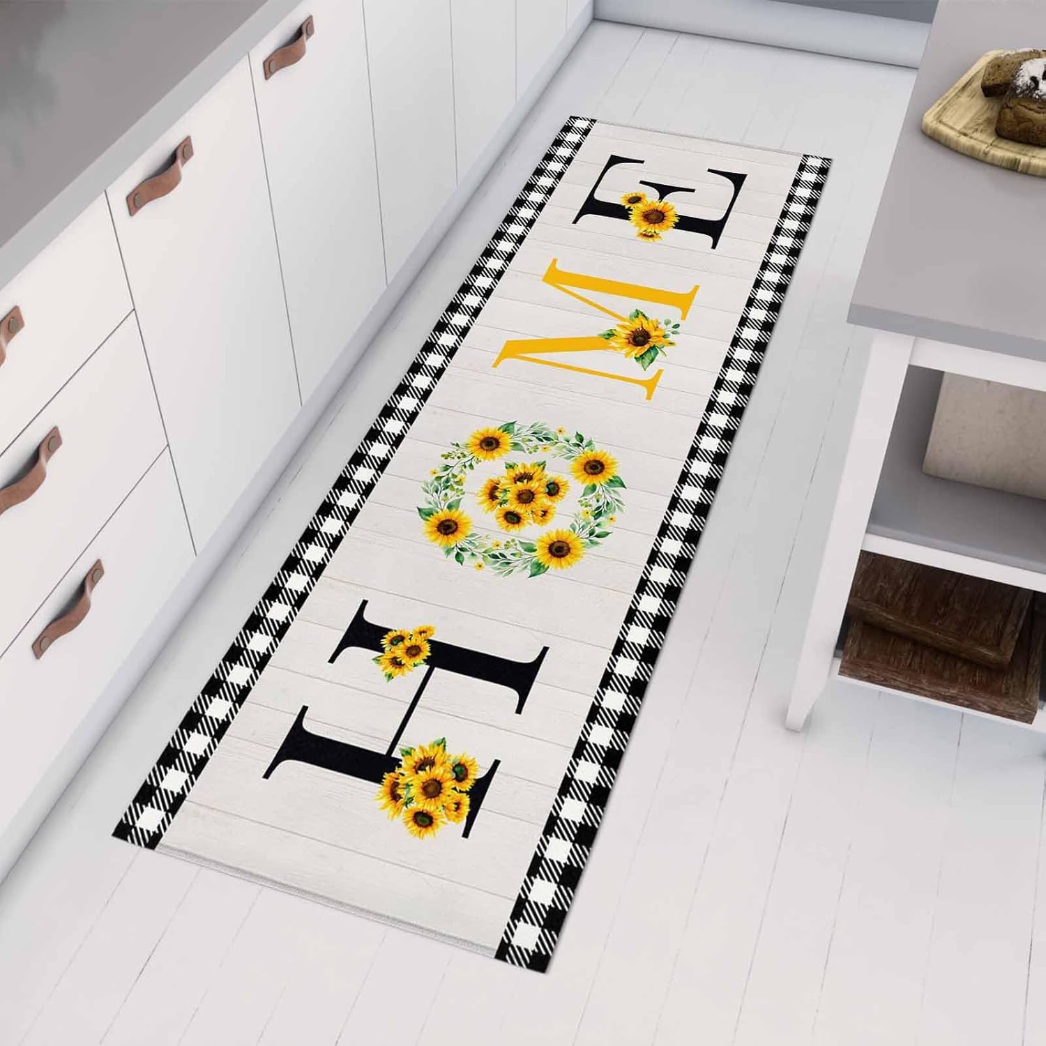 Teamery Kitchen Mats for Floor Farmhouse Sunflower Home Text Washable Non Slip Kitchen Rugs 1PCS, Black White Check Wood Board Absorbent Standing Mats for Sink Bathroom Office Living Room 15.7x47.2in