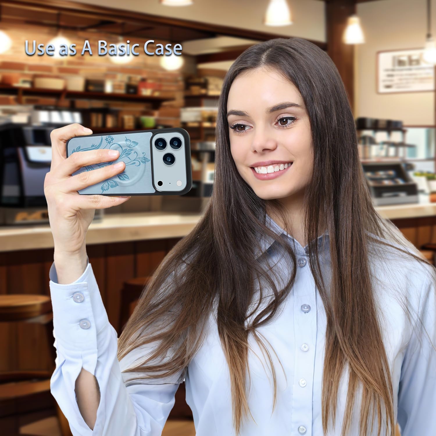 Lacass for iPhone 17 Pro Max Case Wallet,Compatible with MagSafe 2 in 1 Magnetic Detachable PU Leather RFID Blocking Wallet Cover Card Holder Zipper Wrist Strap Lanyard,Floral Sky Blue - Image 6