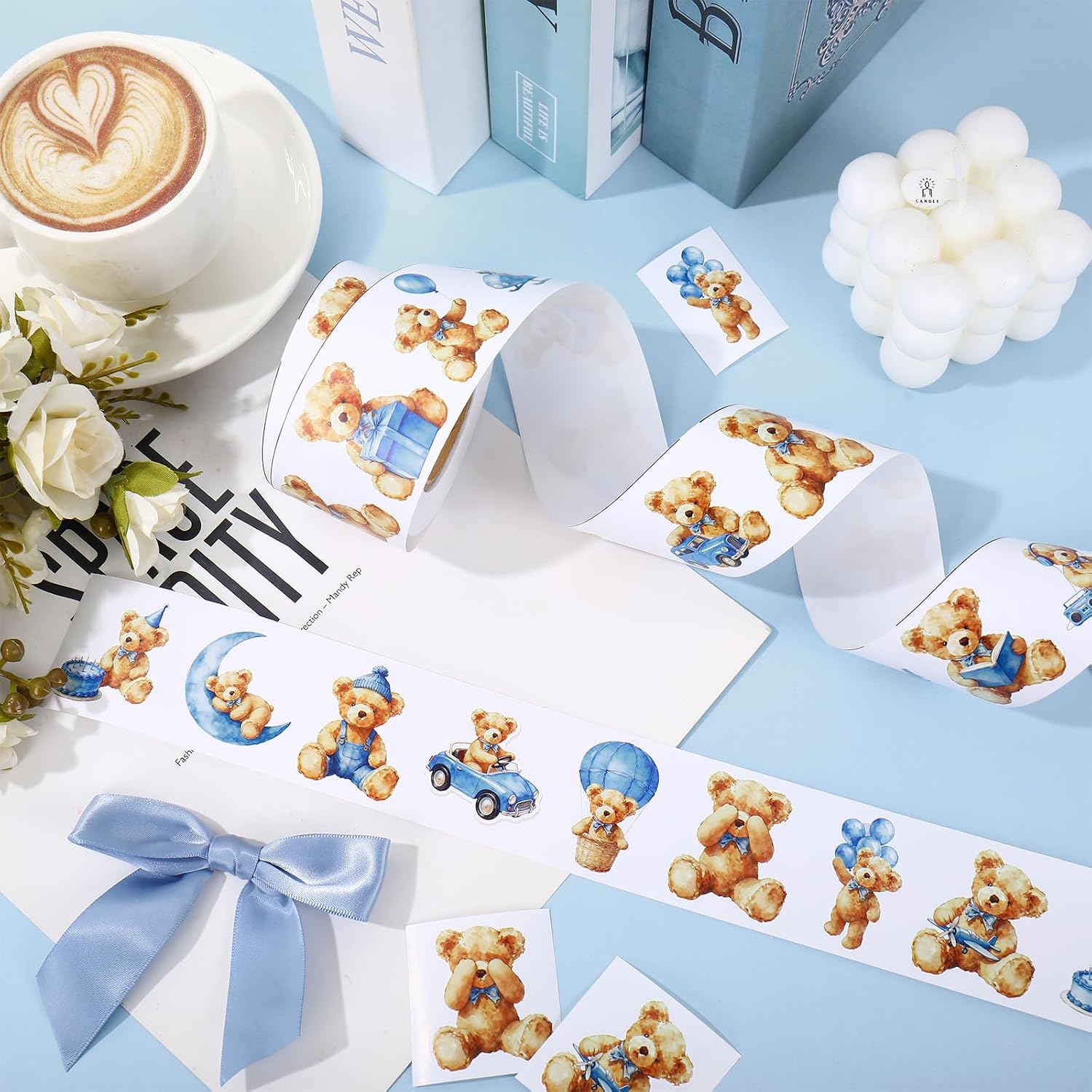 JarThenaAMCS 1008Pcs Cute Bear Stickers Blue Brown Bear Decals Self-Adhesive Labels for Birthday Baby Shower Party Favor Supplies Envelope Seals, 2 Rolls, 16 Designs