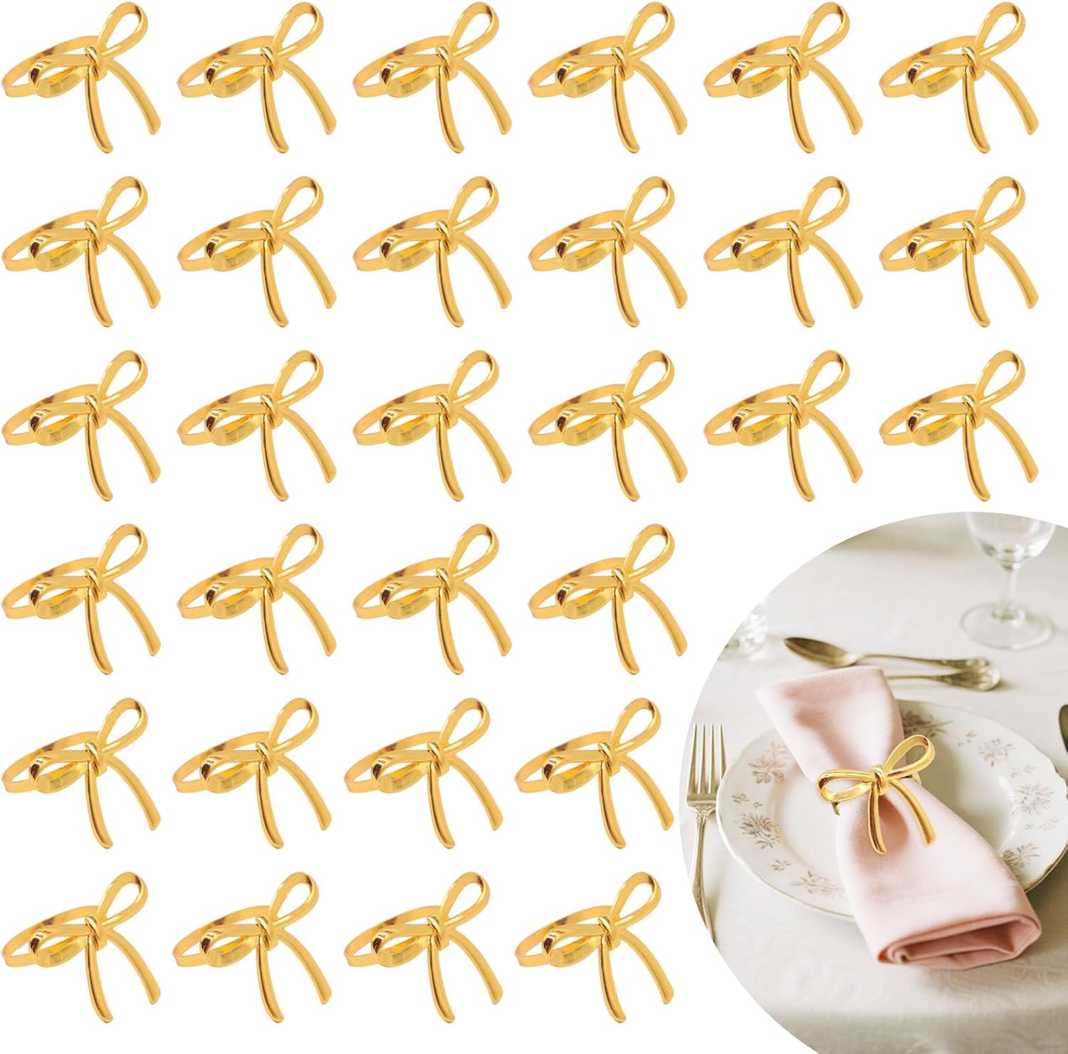 30 Pcs Gold Bow Napkin Rings, Metal Butterfly Napkin Holders Elegant Ring Holders for Dinner Wedding Party Banquet Table Decorations