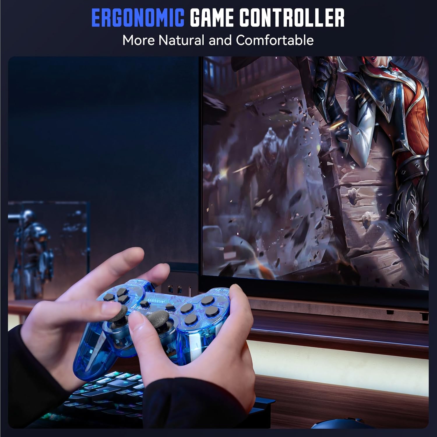 Doueuain Wired Controller for PS2, 2 Pack Gamepad Remote Double Shock Compatible with Play station 2, with 1.8M Cable(Clear Red and Clear Blue) - Image 7