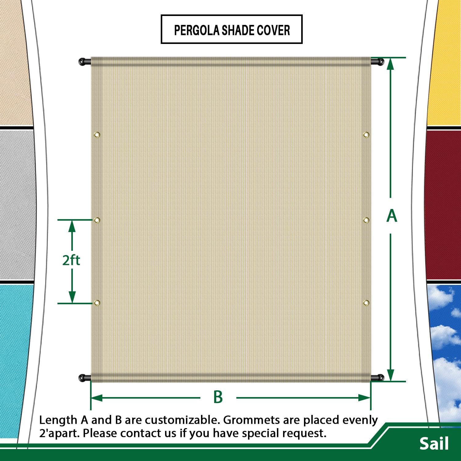 12' x 12' Universal Pergola Shade Cover with Grommets Weighted Rods, Sun Shade Cloth Outdoor Canopy Replacement Cover, Patio Awning for Porch, Backyard, Gazebo, Garden, Beige