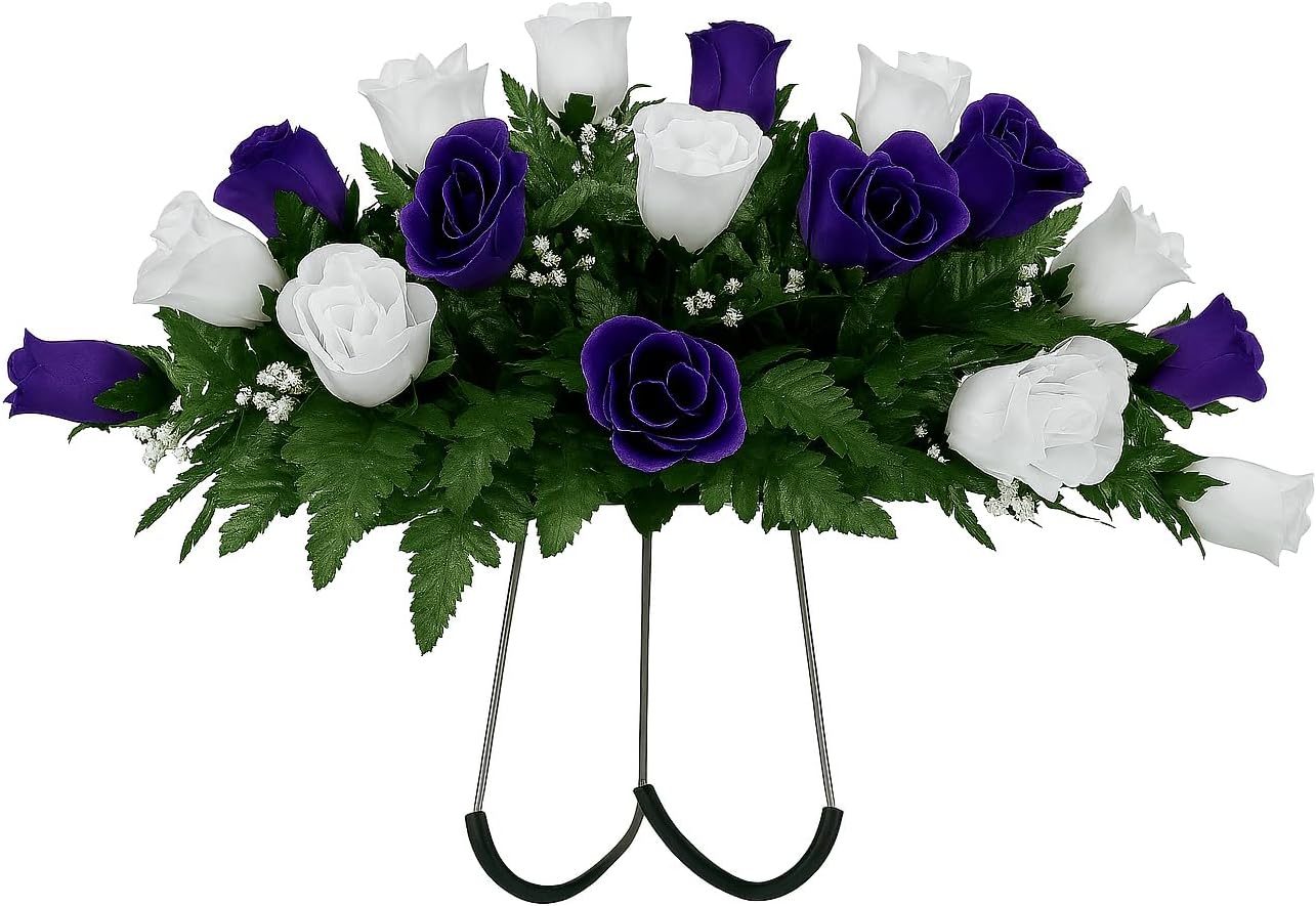 Small Purple and White Rose Cemetery Flowers Headstone and Grave Decoration-Purple, White Roses with Baby's Breath Saddle