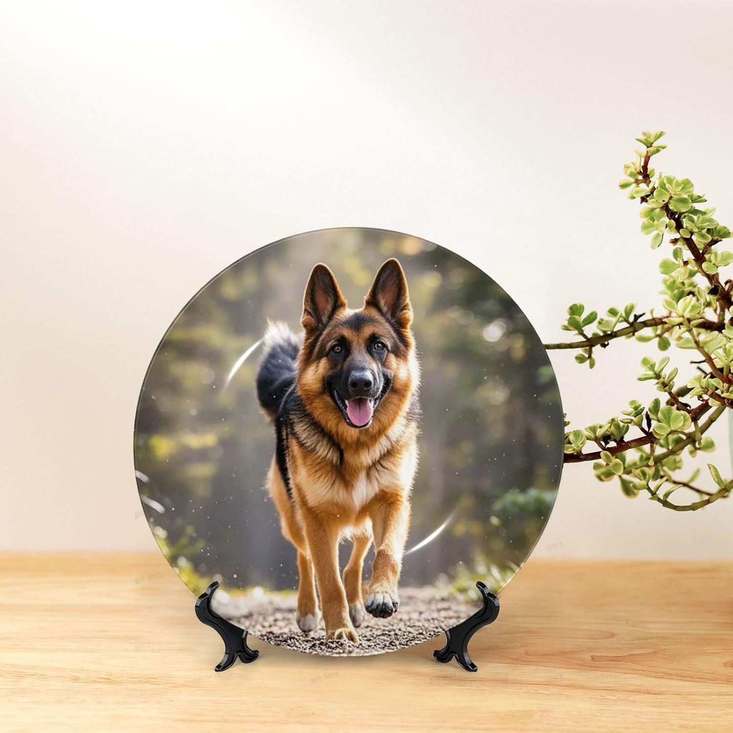 Bone China Decorative Plate with Display Running german shepherd dog Ceramic Plates Crafts Art Decor Dessert Plate Ceramic Ornament Porcelain Plates for Living Room Kitchen Table Home Decor