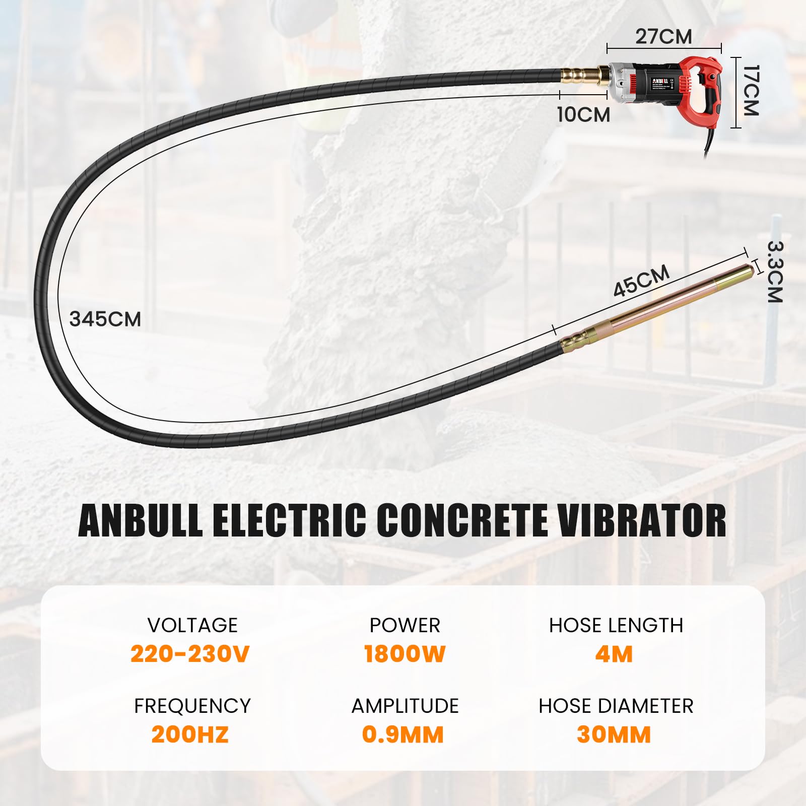Anbull Vibratore per Calcestruzzo 4 m, 1800 W Vibratore per Cemento, 5500 rpm, Ampiezza: 0,9 mm, Concrete Vibrator, Rosso e nero