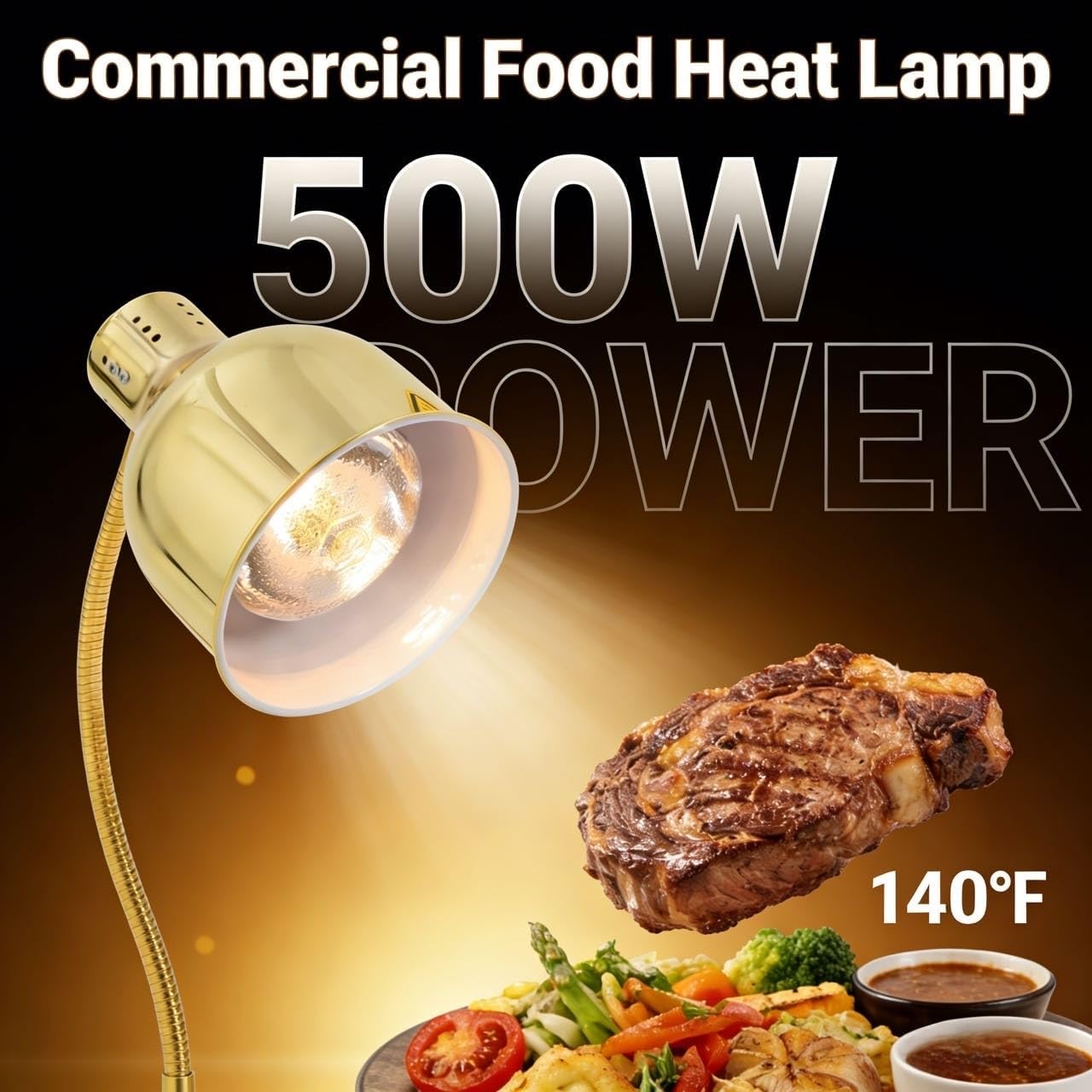 PERFERATE Food Heat Lamp [500W Bulbs] Commercial Food Warming Lamp for Catering, Buffet, Restaurant - Dual-Head Adjustable French Fries Heating Lamp, Carving Station Food Light (Gold)