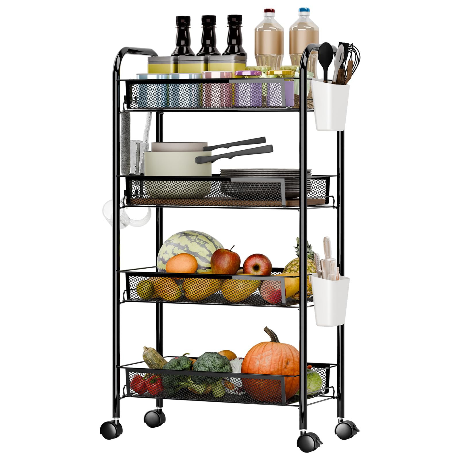 cadciehe Fruit Vegetable Storage Basket, Stackable Metal Mesh Storage Basket with 360 Degree Wheels, Fruit Vegetable Produce Basket Storage Organizer (Black 4-Layers)