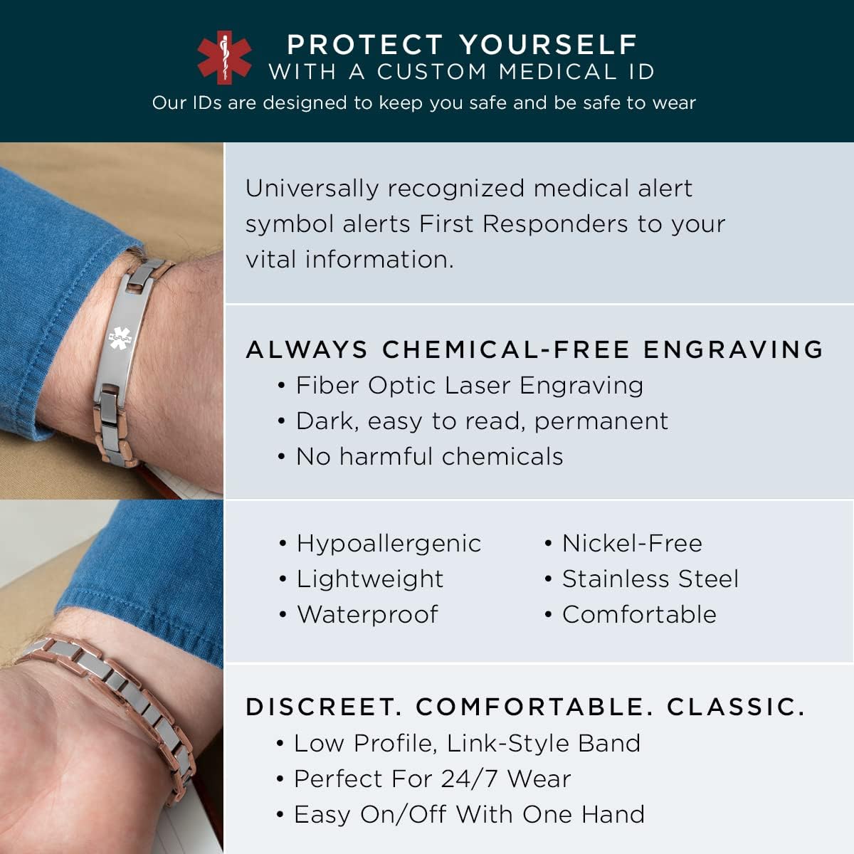 Lauren's Hope Durable Custom Engraved Black, Blue and Rose Gold and Silver Medical Alert Bracelets, Diabetes, Heart Disease, Pacemaker, Epilepsy, Medical ID