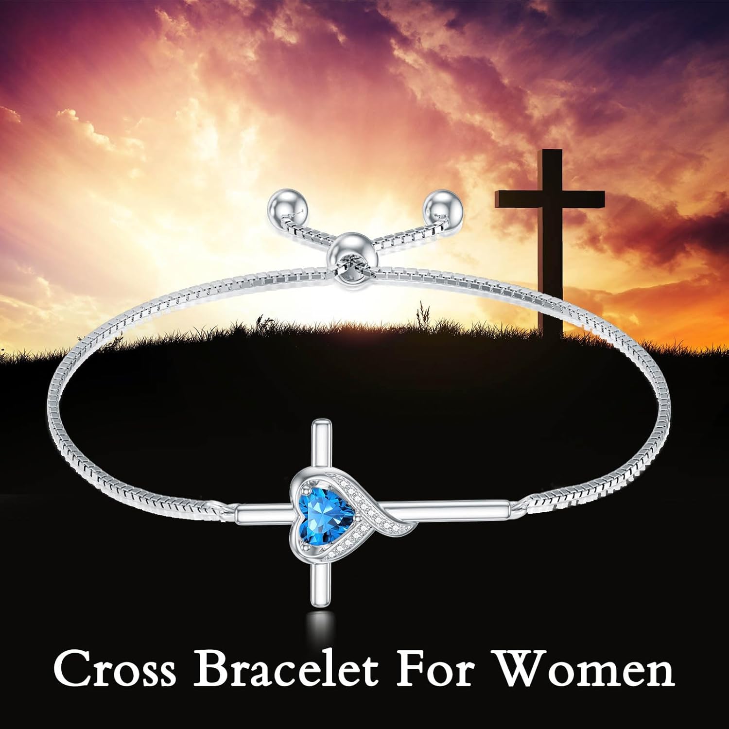 TOUPOP Birthstone Cross Bracelet for Women 925 Sterling Silver Cross Heart Bracelet Fine Jewelry Birthday Gifts for Her Wife Mom - Image 3