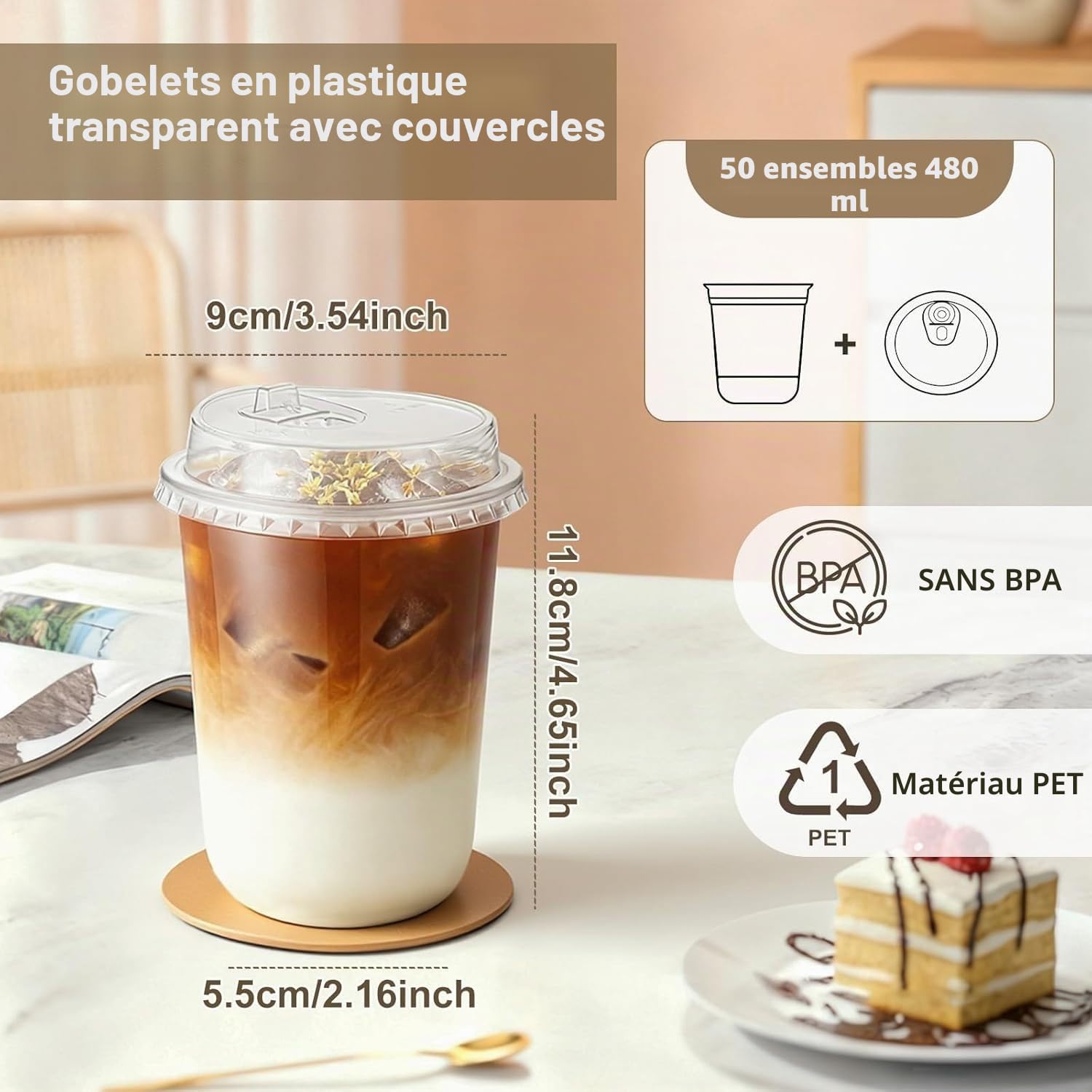 KAHEIGN 50 Pièces Gobelets en Plastique Transparent avec Couvercles, 480ml Gobelet à Café en Plastique Réutilisable Verres Élégants pour Glacé Café Smoothie Milkshake Froides Boissons Fêtes Traiteur