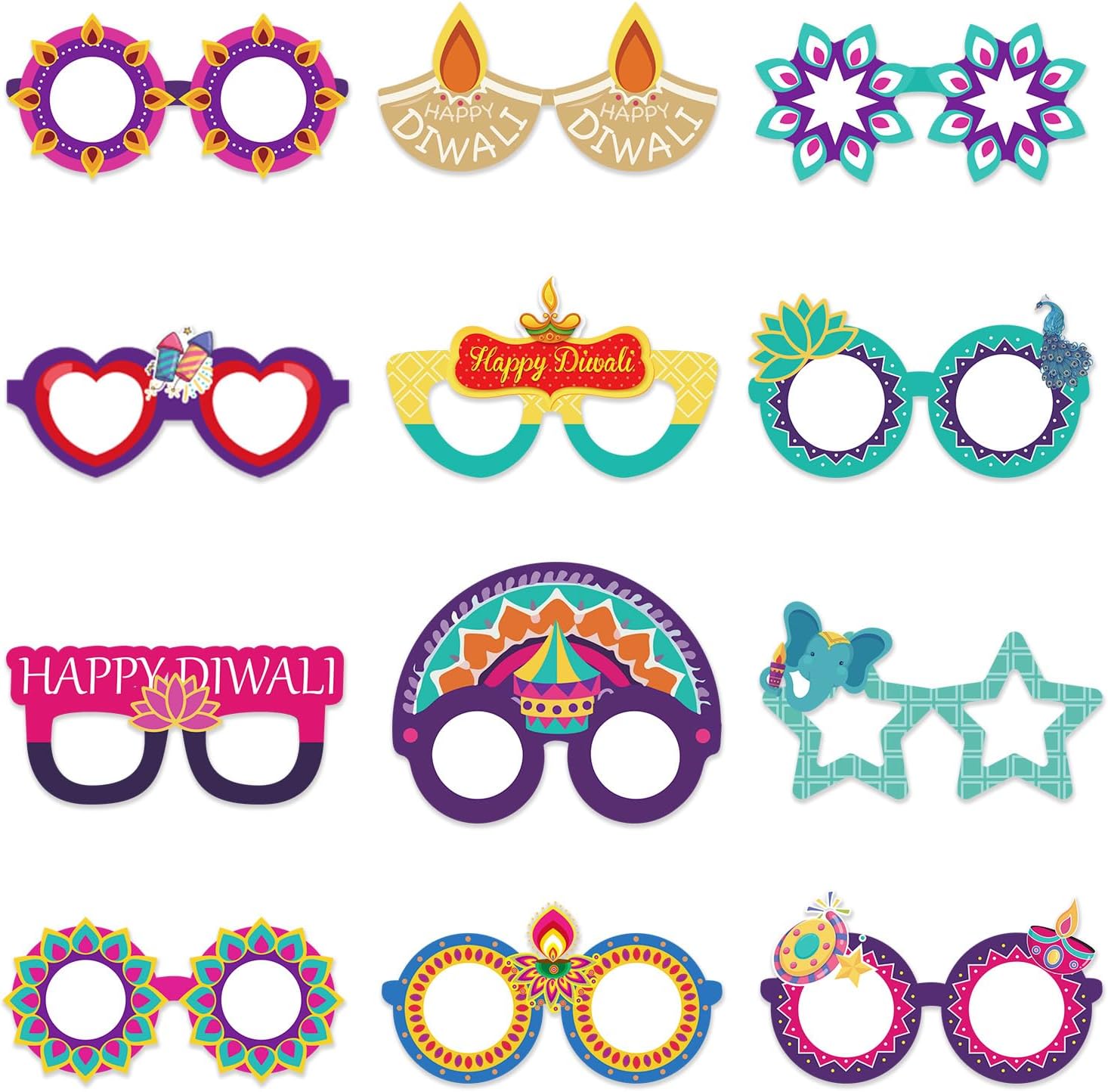 KYMY Happy Diwali Photo Props Glasses, 12pcs Deepawali