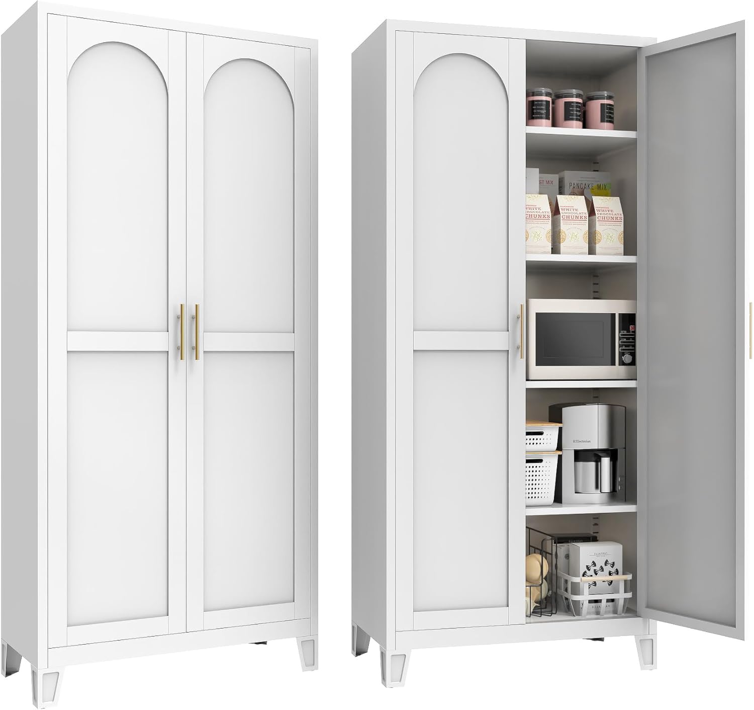 71'' Metal Kitchen Storage Cabinet with Doors and Adjustable Shelves, 5-Tier Tall White Food Metal Pantry Storage Cabinet for Kitchen, DiningLiving and Office