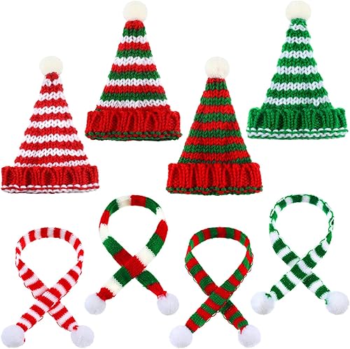Juego de 8 piezas de gorro y bufanda de punto de Navidad para decoración de muñecas y manualidades