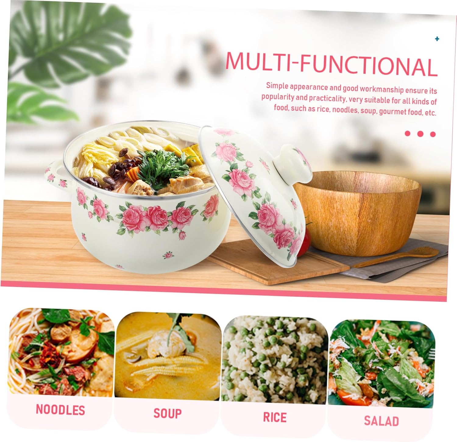 Luxshiny 20cm Pink Rose Enamel Double Handle Soup Pot Nonstick Stockpot Lid Decorative Cooking Pot for Kitchen Supplies