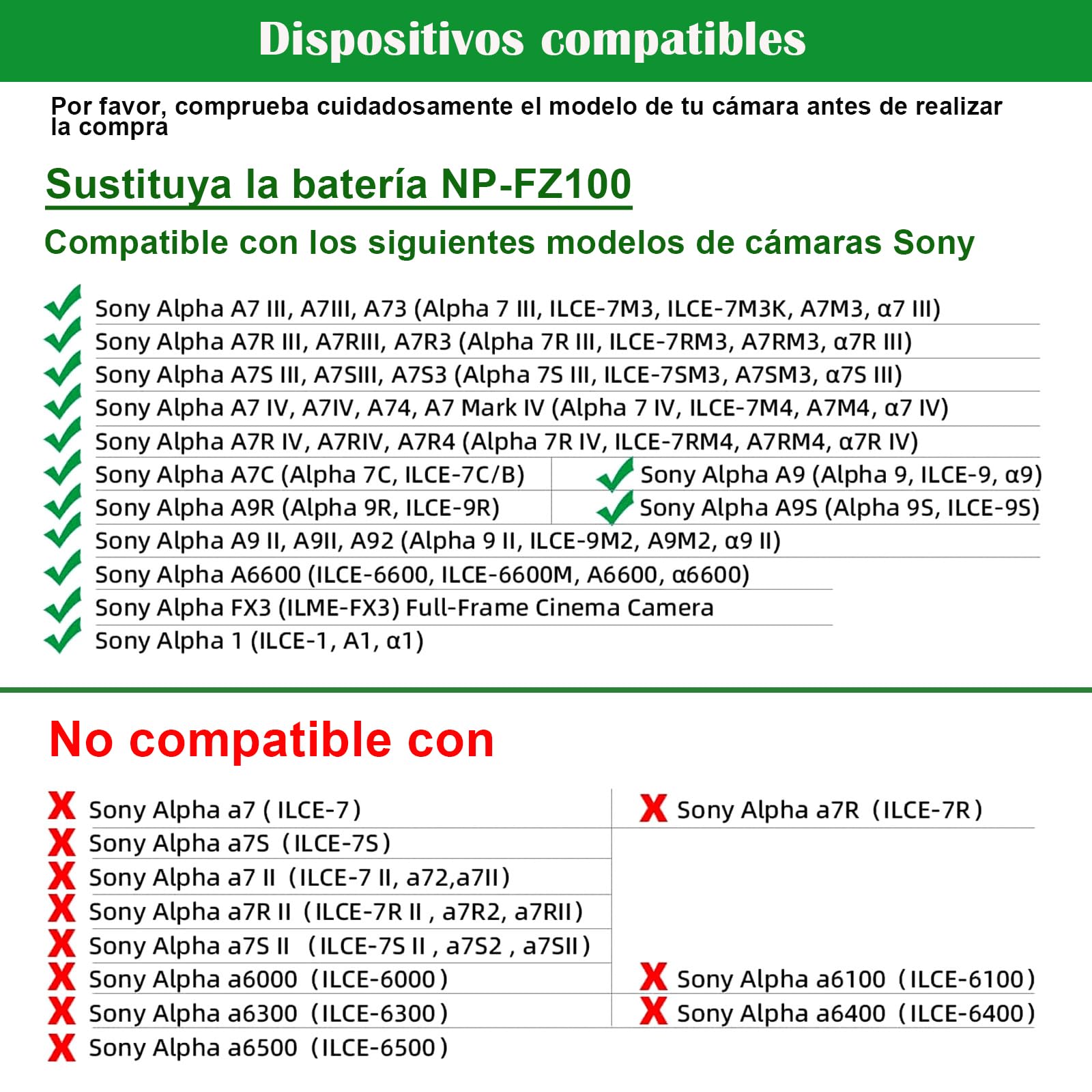 NP-FZ100 Kit de Batería Dummy Fuente de Alimentación Kit Adaptador AC para Sony Alpha A6600, FX3, A7 III, A7R3, A7R IV, A7S III, A9, A9R, A9S, A7C, A1 Cámaras, Sustituye a la Batería BC-QZ1