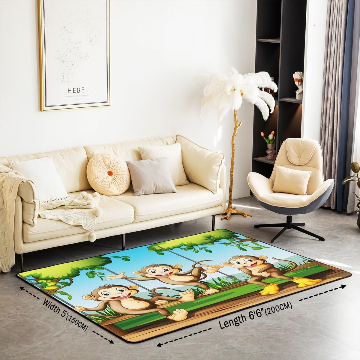 jejeloiu Monkey Area Rug 3x5 Cartoon Animal Pattern Rugs for Living Room Bedroom Cute Monkey Print Botanical Branches Green Brown Decorative Rug