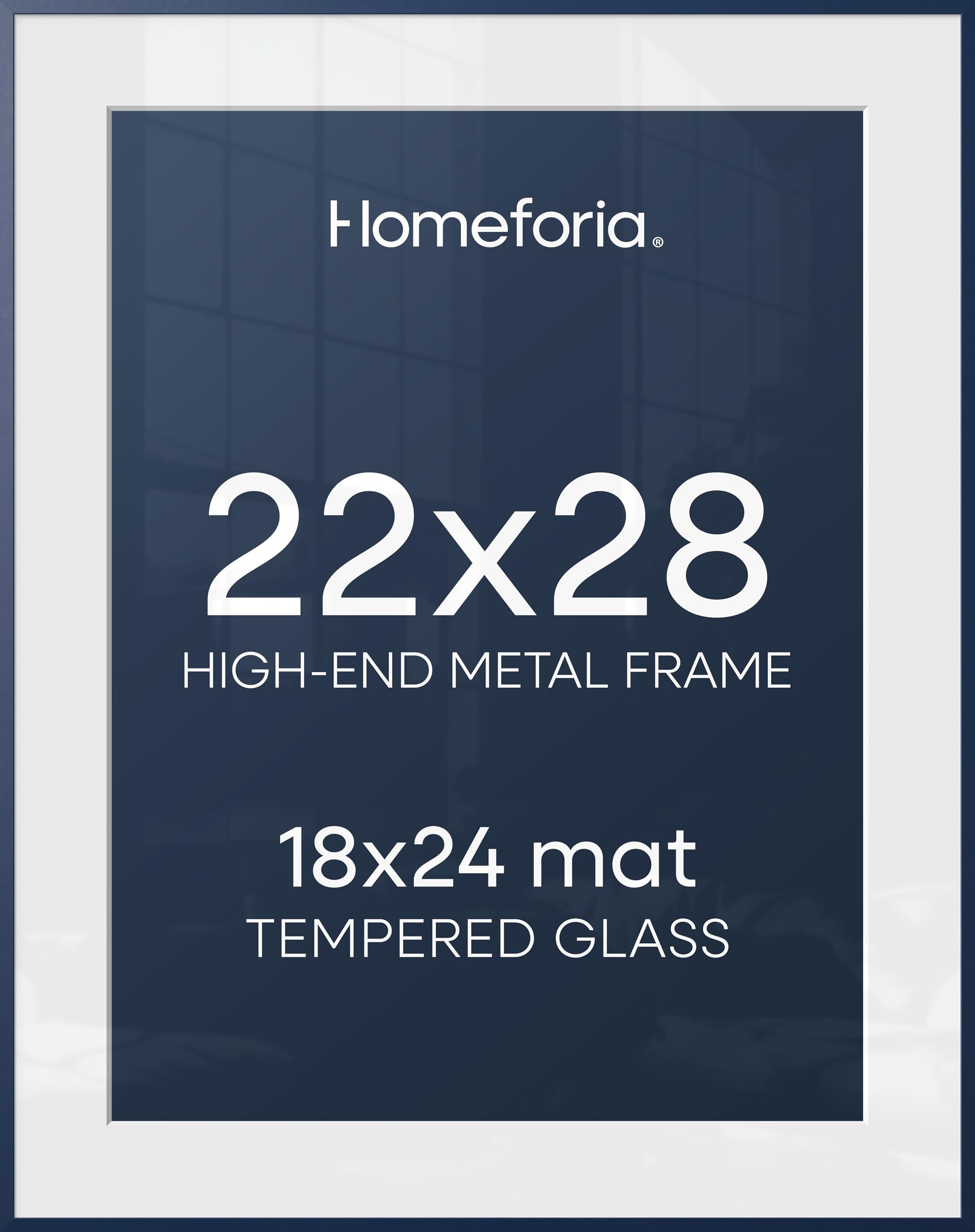 Homeforia 22x28 Navy Blue Picture Frame, High End Metal 22x28 Poster Frames with Mat 18x24 inch Photo, 22 x 28 Thin Frame Matted to 18 x 24 Print, 28x22 Large Frame, Tempered Glass, Wall Kit, Set of 1