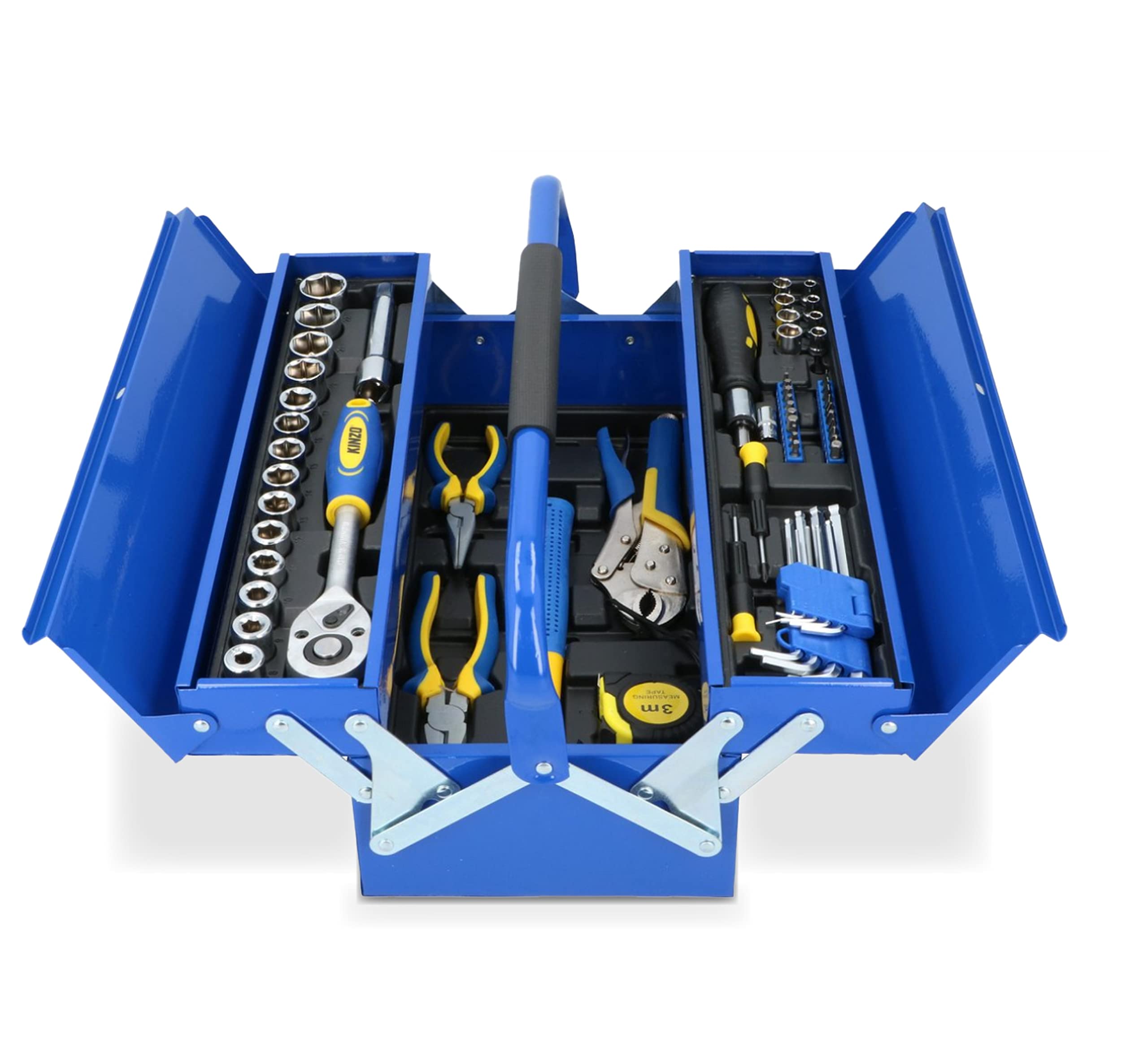 KINZO Maletín de herramientas de 64 piezas, herramientas domésticas en caja de herramientas de metal, acero CRV, color azul