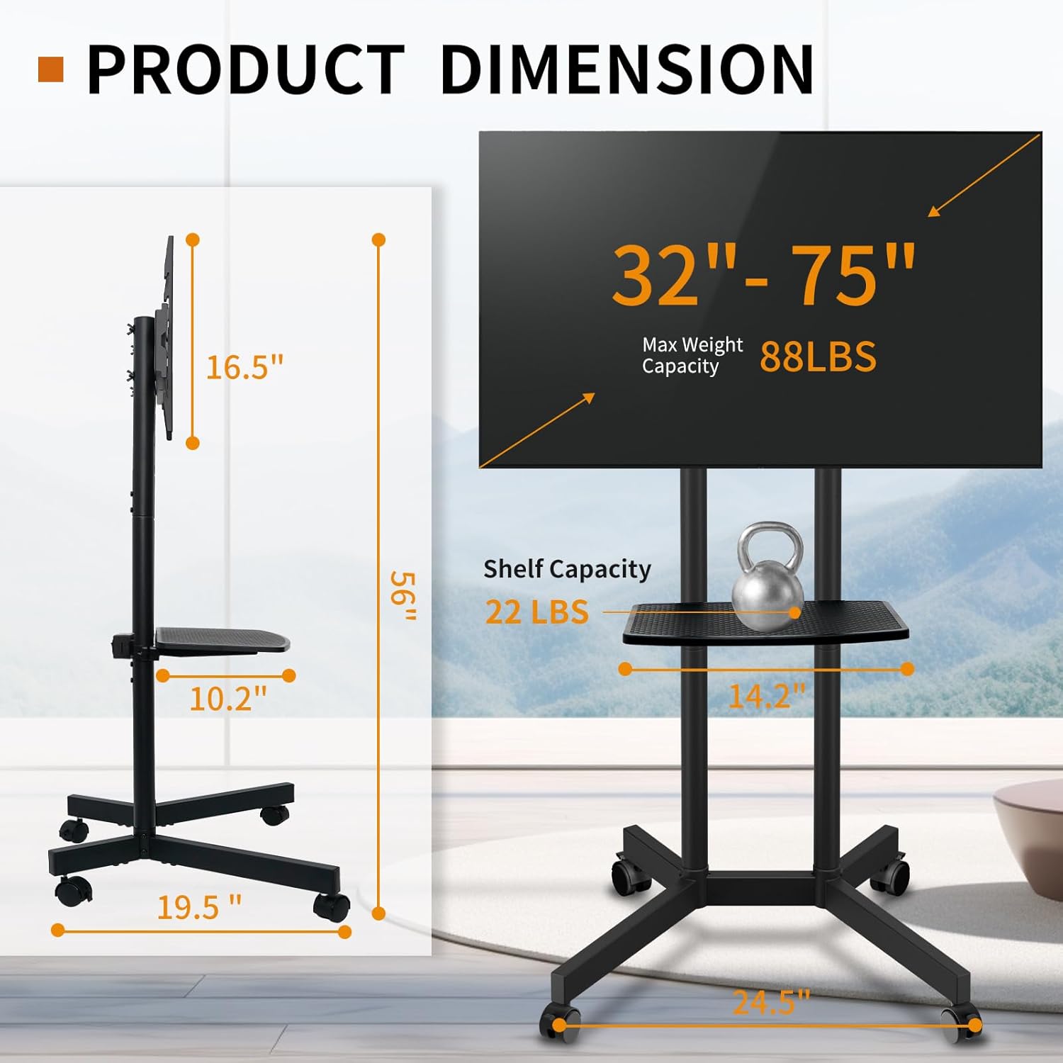 Solid Grace Rolling TV Stand with Power Outlet for 32-75 Inch TVs up to 88lbs, Portable TV Stand with Shelf, Mobile TV Cart for Living Room, Office, Meeting Room, Outdoor(with Power Outlet+Shelf)