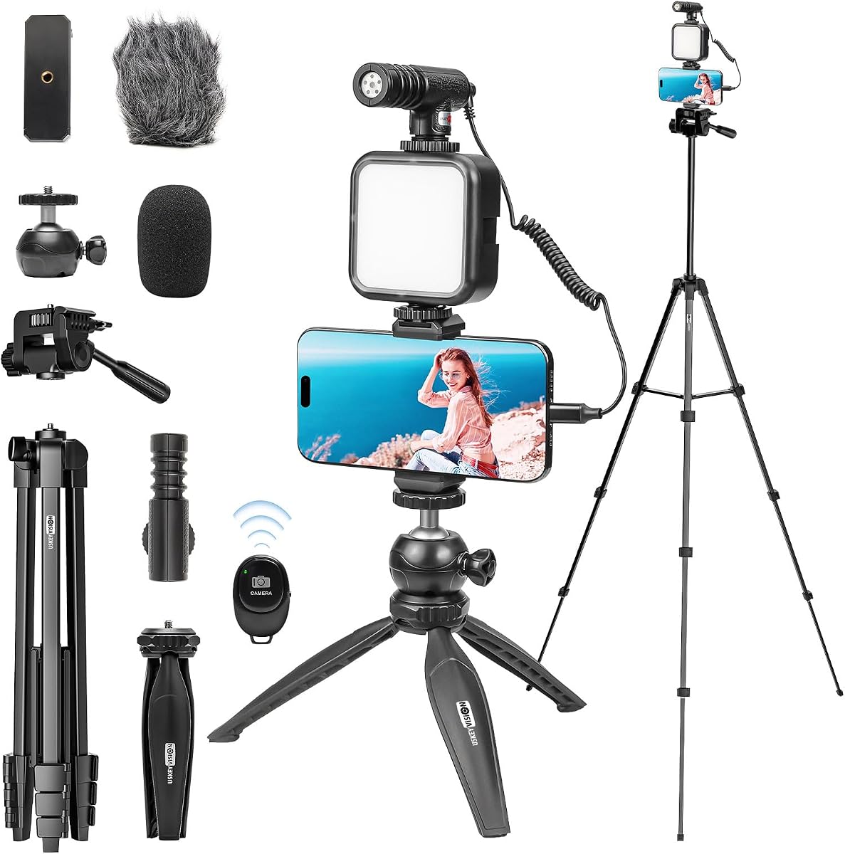 Content Creator Essentials w/Camera Tripod,Light & Mic Vlog K4 | Vlogging Kit for iPhone & Android,w/ Shotgun Microphone,59" Camera Mount Tripod,LED Light,Ball Head Mount for Video Recording