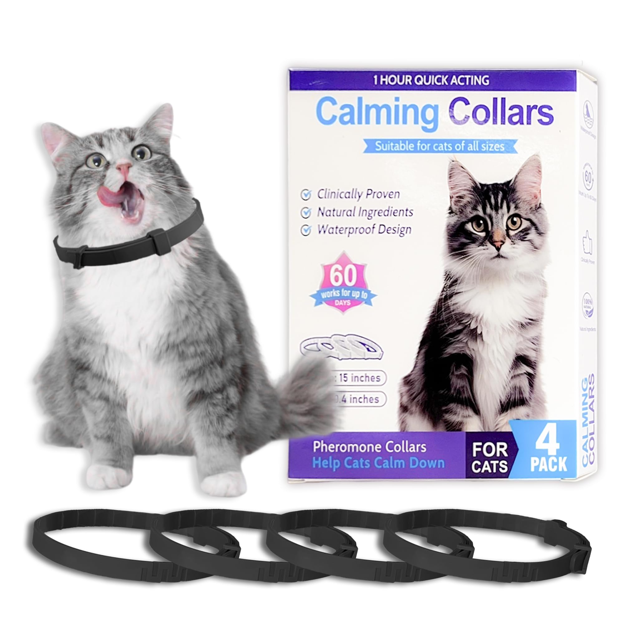 Simnice Calming Collar for Cats - 4 Pack, Adjustable Calming Collar for Cats - Pheromone Cat Collars for Anxiety & Stress Relief, Water-Resistant & Long-Lasting Effect (Black)