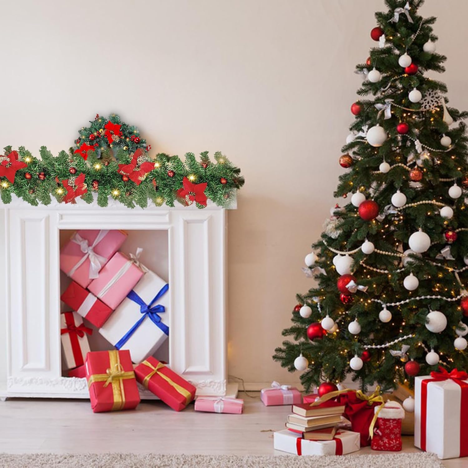 9ft Christmas Garland with Lights - Green Holiday Decorations for Home Stairs Fireplace Front, Warm White LED and Flowers