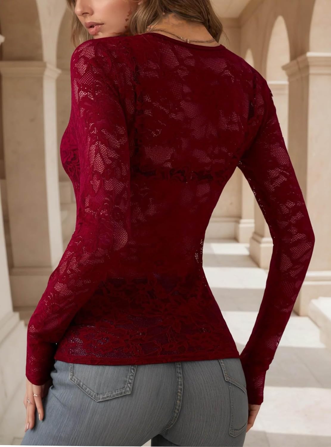 METWAY Women's Lace Long Sleeve Top Sheer Mesh Undershirt Blouse Sexy Floral See Through V Neck Lace Layering Tee Shirt - Image 2