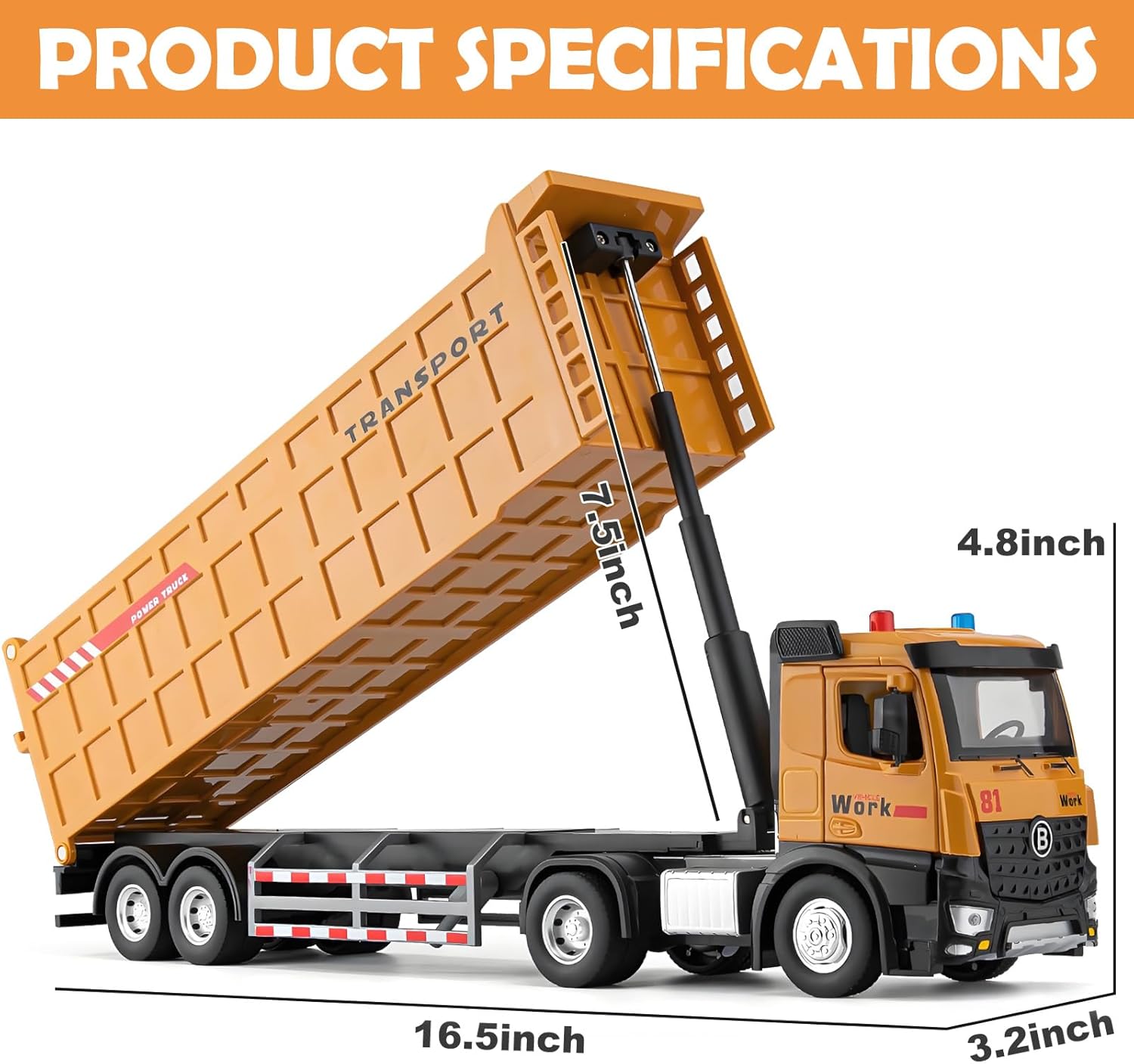 HAPYAD Dump Truck Toy for 3 4 5 6 7 Years Old Boys, Large Semi Truck with Metal Cab, Lights and Sounds, Friction Powered Tractor Trailer Car, Kids Birthday Gifts for Over 3 Years Old Boys Kids 16.5"