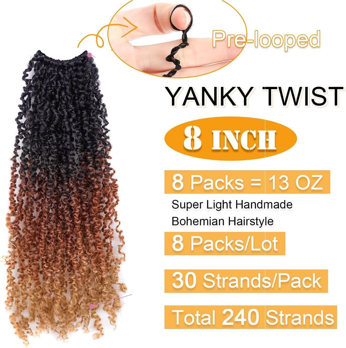 YankyTwist Senegalese Twist Braids with Curls, Bouncy Spring Twist Crochet Hair, 8 sztuk (30 pasemek/szt.)