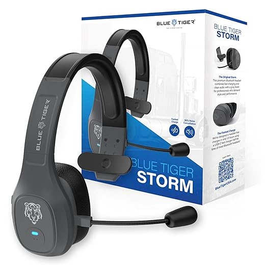 Blue Tiger Storm Wireless Bluetooth Professional Headset - Noise Cancellation Bluetooth 5.0 Head Set – 30 Hours Talk Time, Extended 100 ft. Range