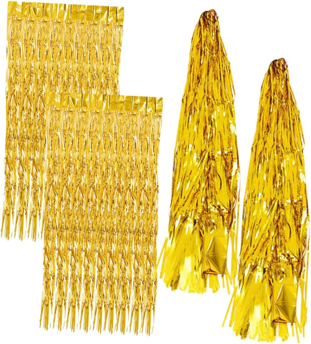 Healifty 4Pcs Metallic Fringe Curtain Backdrop Tinsel Party Decorations for Birthday Wedding Christmas Photo Booth and Event Decor Height
