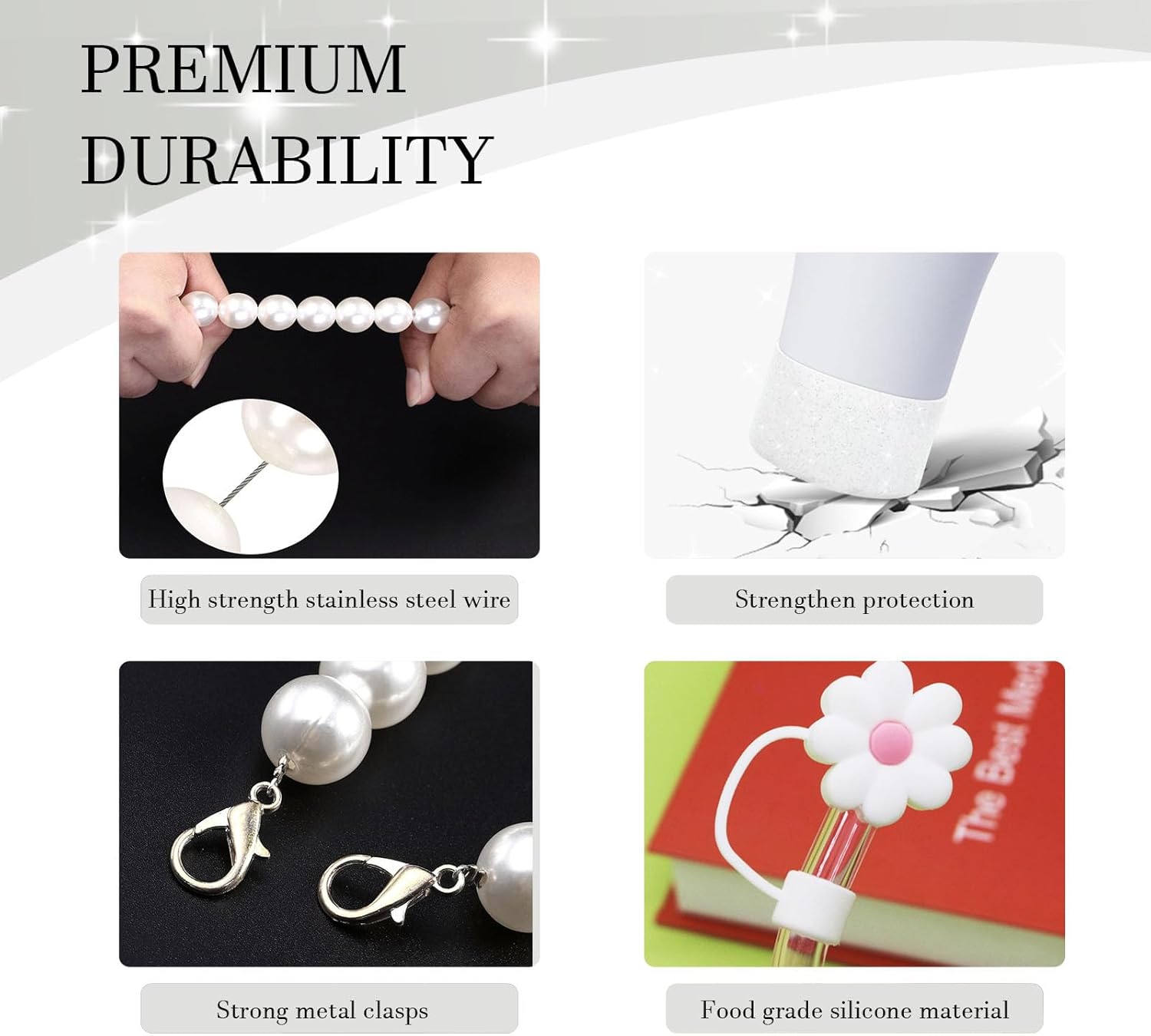 Stanley Cup Accessories Set - Including Water Bottle Carrying Pearl Strap, Handle Letter Charms Sticker, Silicone Cups Boot Straw Cover for 40oz & 30oz Tumbler