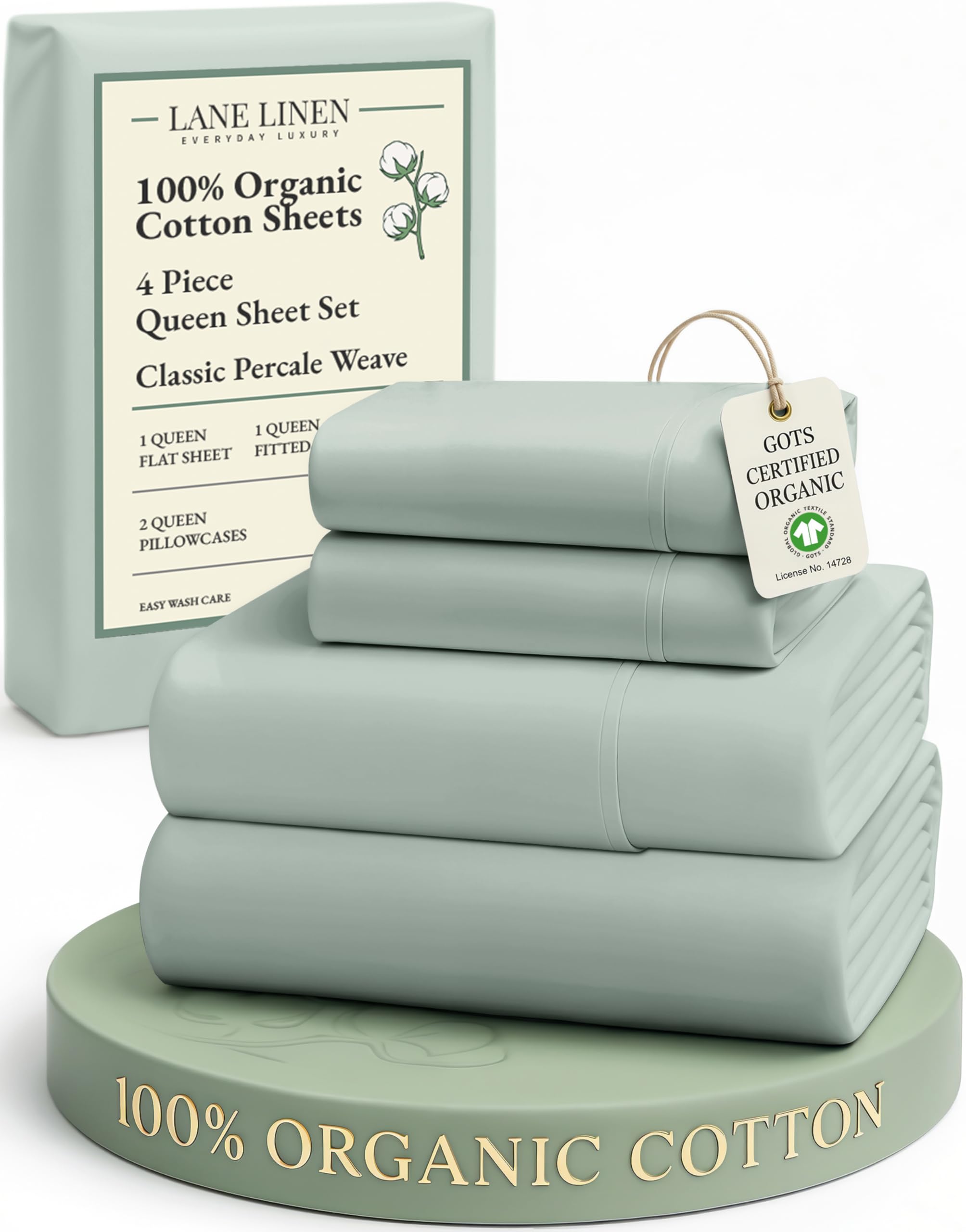 LANE LINEN 100% Organic Cotton Queen Sheets, Fully Elasticized Soft & Comfy Classic Percale Weave, Low Pill Fade Resistant Machine Washable Sheet & Pillowcase Sets, 15" Deep Pocket- Cool Blue
