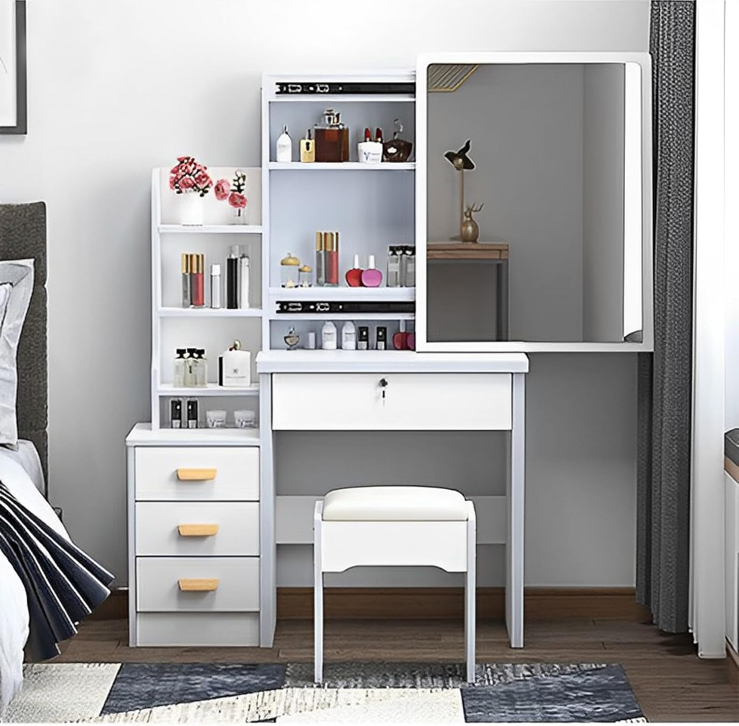 Runboll White Vanity Desk with Mirror, Lighted and 4