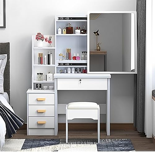Miniatura 2 de LOXUCVE Tocador de maquillaje con espejo deslizante y luces, 4 cajones y taburete acolchado, almacena tus elementos esenciales de belleza ilumina tu