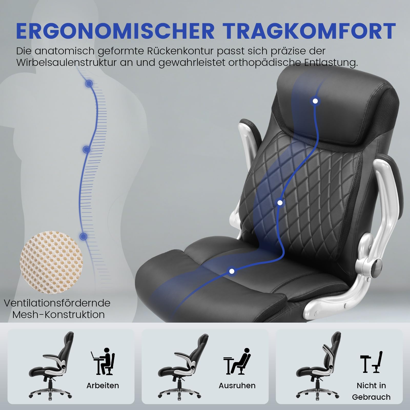 COMHOMA Bürostuhl Ergonomisch, Schreibtischstuhl mit klappbaren Armlehnenmit und Hoher Rückenlehne, Wippfunktion, Chefsessel Höhenverstellbarer，Kratzfeste Leder (Schwarz)