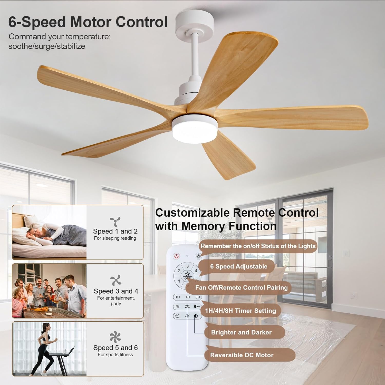 BOJUE 52 Inch Ceiling Fans with Lights and Remote Control, Dimmable 5 Blade Outdoor Ceiling Fans for Patios, White Natural Wood Bedroom Ceiling Fan, Reversible DC Motor, Memory Function