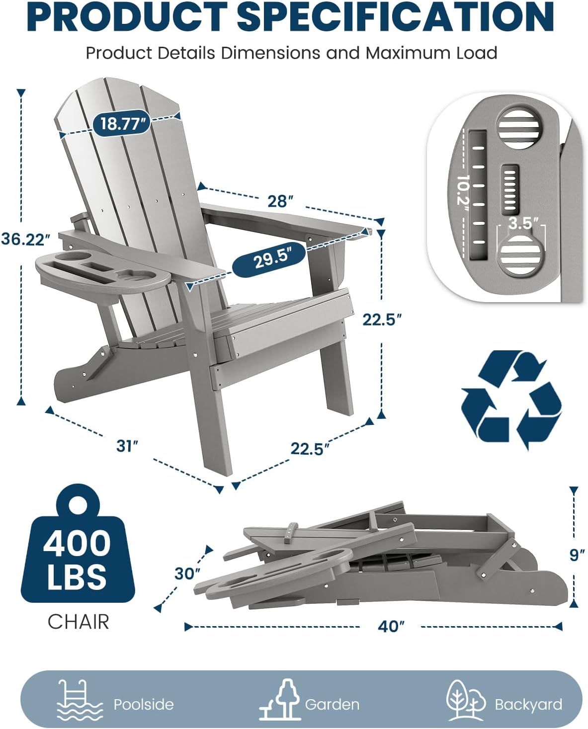 FOOWIN Folding Adirondack Chair Set of 4, HDPE Adirondack Chairs with Cup Holder, Weather Resistant Plastic Fire Pit Chairs for Outdoor, Patio, Lawn, Garden, Backyard, Deck, White Grey