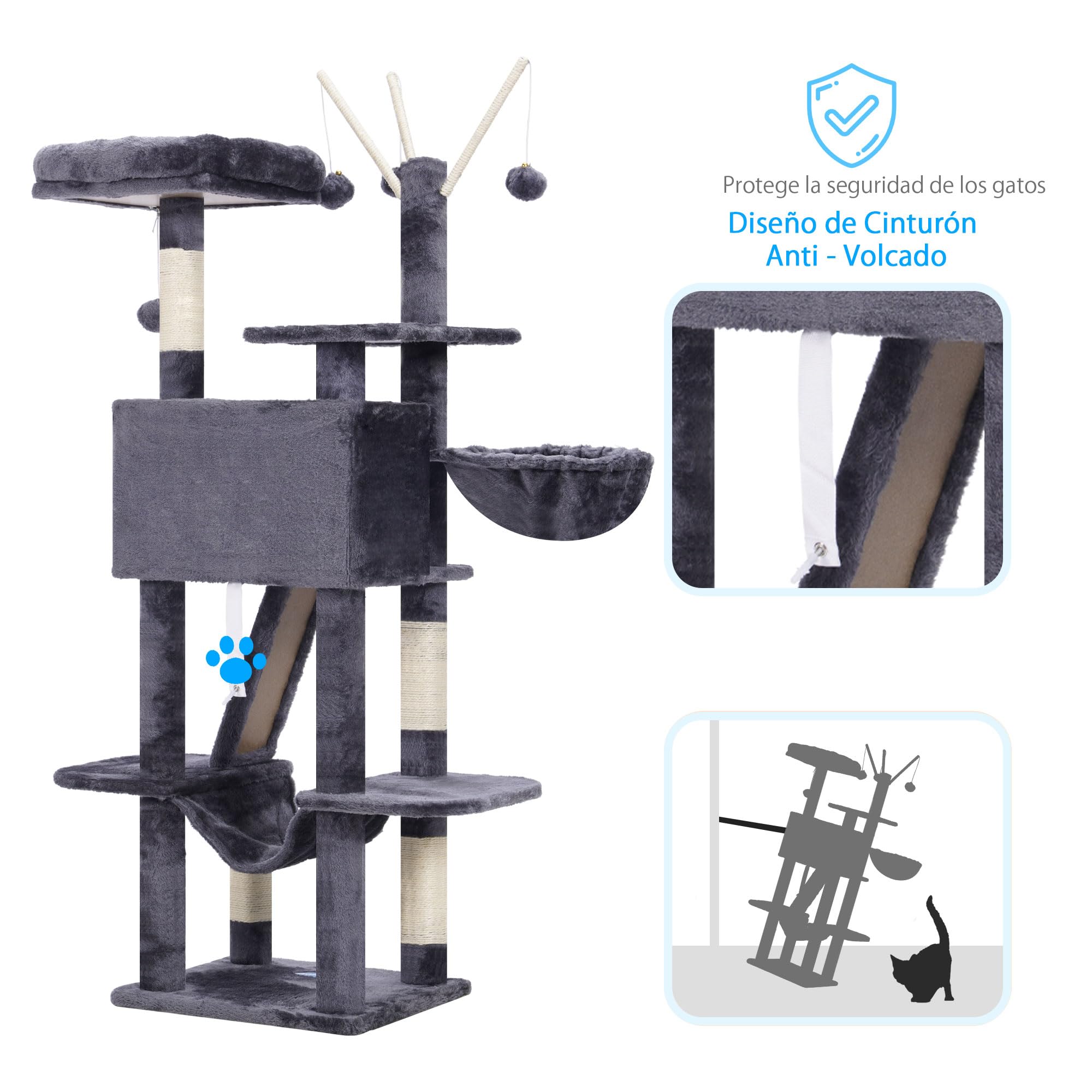 Hey-brother Árbol rascador de 135 cm, para Interior, con Plataforma Acolchada, Pelota de Juguete, Cuevas, Hamaca y sisal, Color Gris Ahumado MPJ019-SG