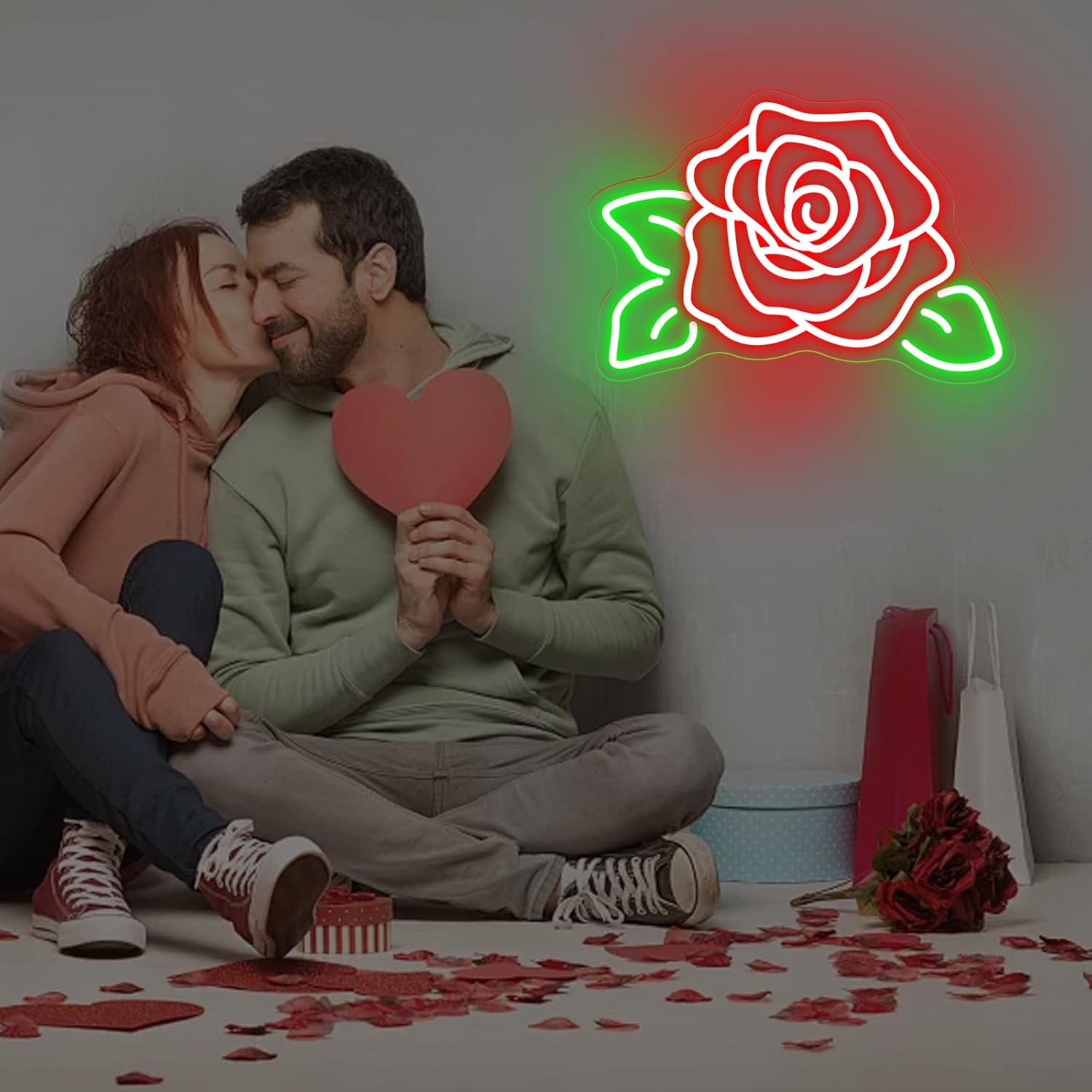 Rose Flower Neon Light Signs for Wall Flower Shop Window, Room, Cafe Art Decorative Lady Gift Wedding Bachelorette Party Bridal Banquet Background Decor Sign, 15.7"x10.8", Red