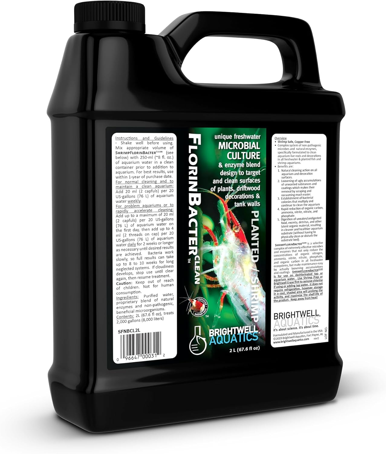 Brightwell Aquatics ShrimpFlorinBacter Clean Copper-Free Enzyme Microbe Formula Reduces Waste Nutrients Loosens Debris in Freshwater Planted Shrimp Tanks, 2L