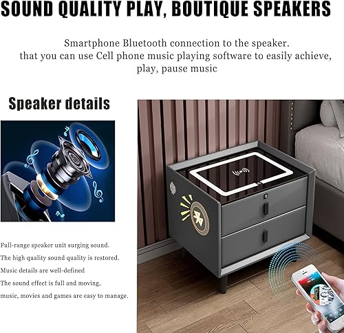 Miniatura 7 de TBQATNTS Mesita de noche con estación de carga, con bloqueo de huellas dactilares, mesa auxiliar de dormitorio de tres cajones con altavoces y luces