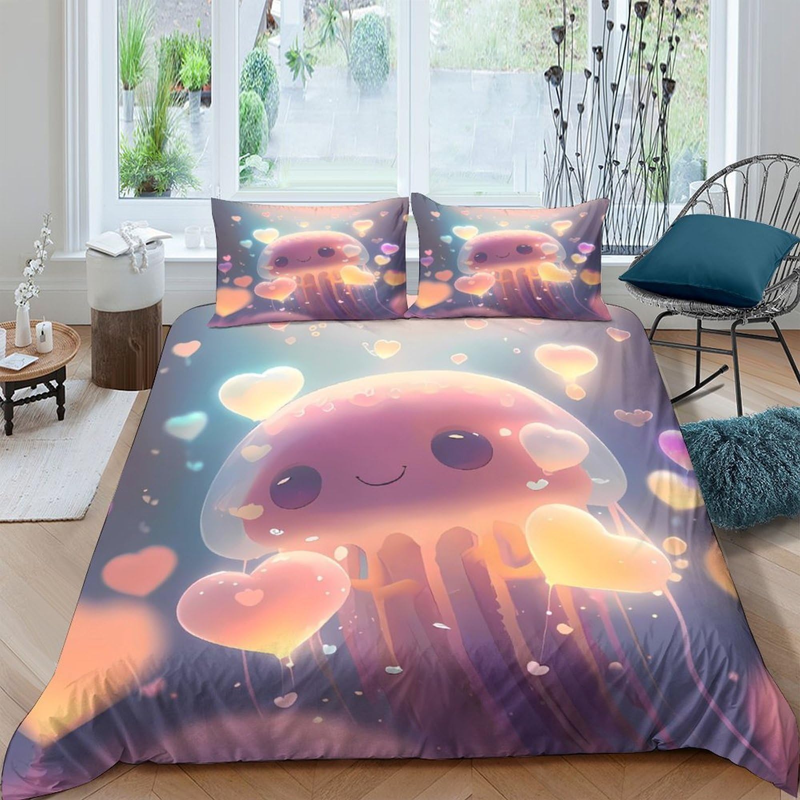 Ctjqhvkz Style-2 3D Printed Kawaii Jellyfish Fitted Sheet Microfiber Pastel Cartoon Heart Bed Cover For Bedroom Guestroom Decor Single（135X200cm）