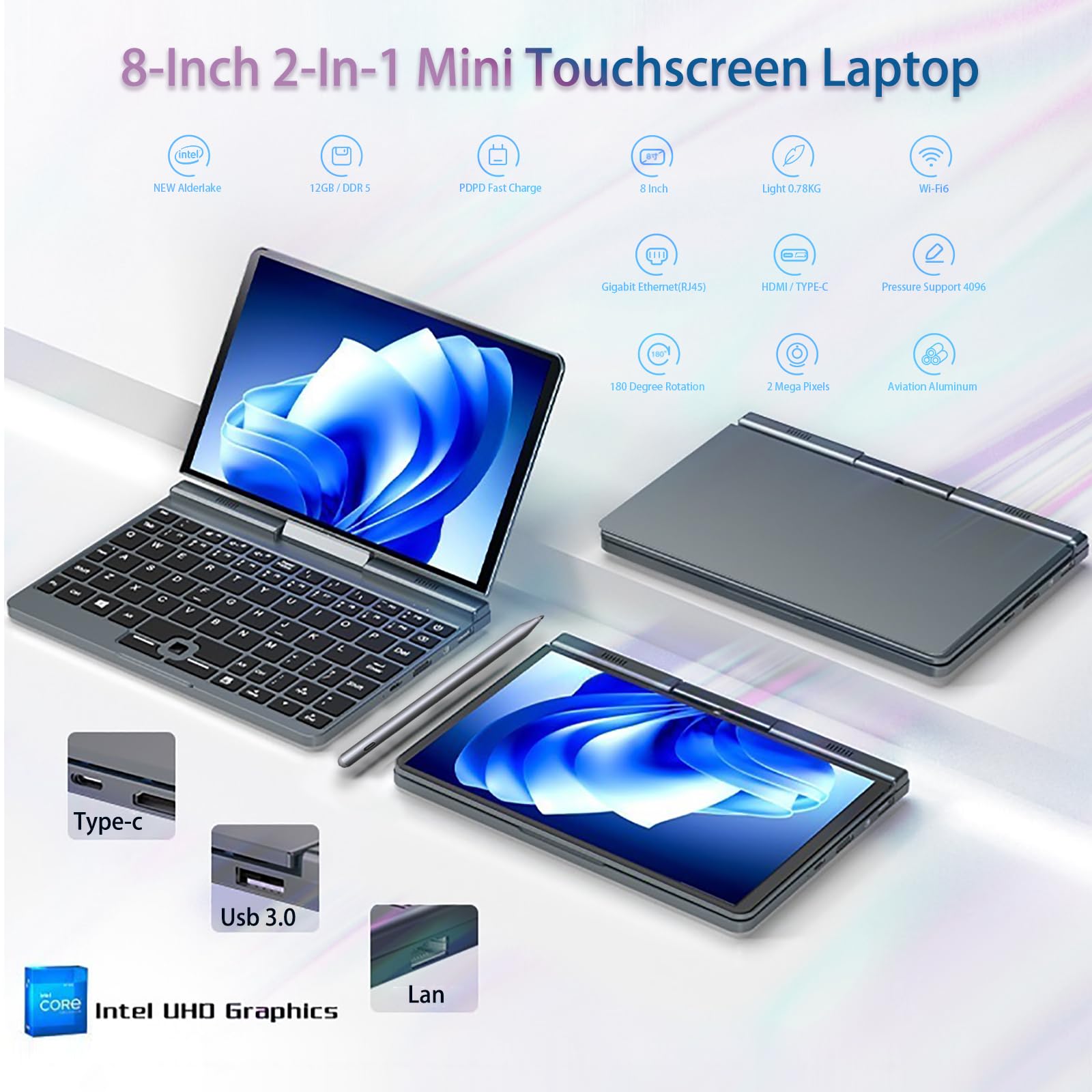 Mini portátil 8 Pulgadas, 2 en 1 Win 11, Pantalla HD giratoria, 12 GB RAM 512 GB SSD, Teclado retroiluminado, N150, cámara 2M