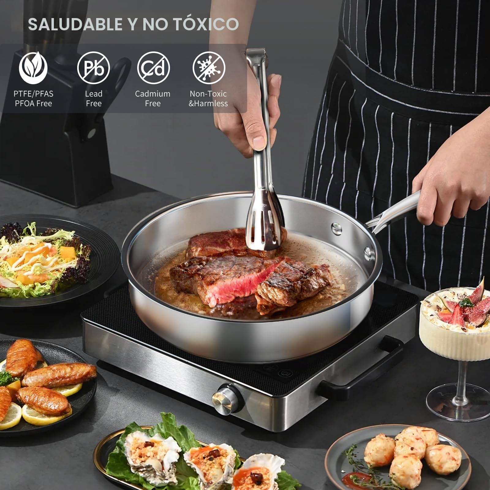 Juego de 16 piezas de ollas de acero inoxidable, juego de ollas y sartenes de inducción con vaporizador y tapas de cristal, juego de utensilios de cocina con protectores para ollas y delantal