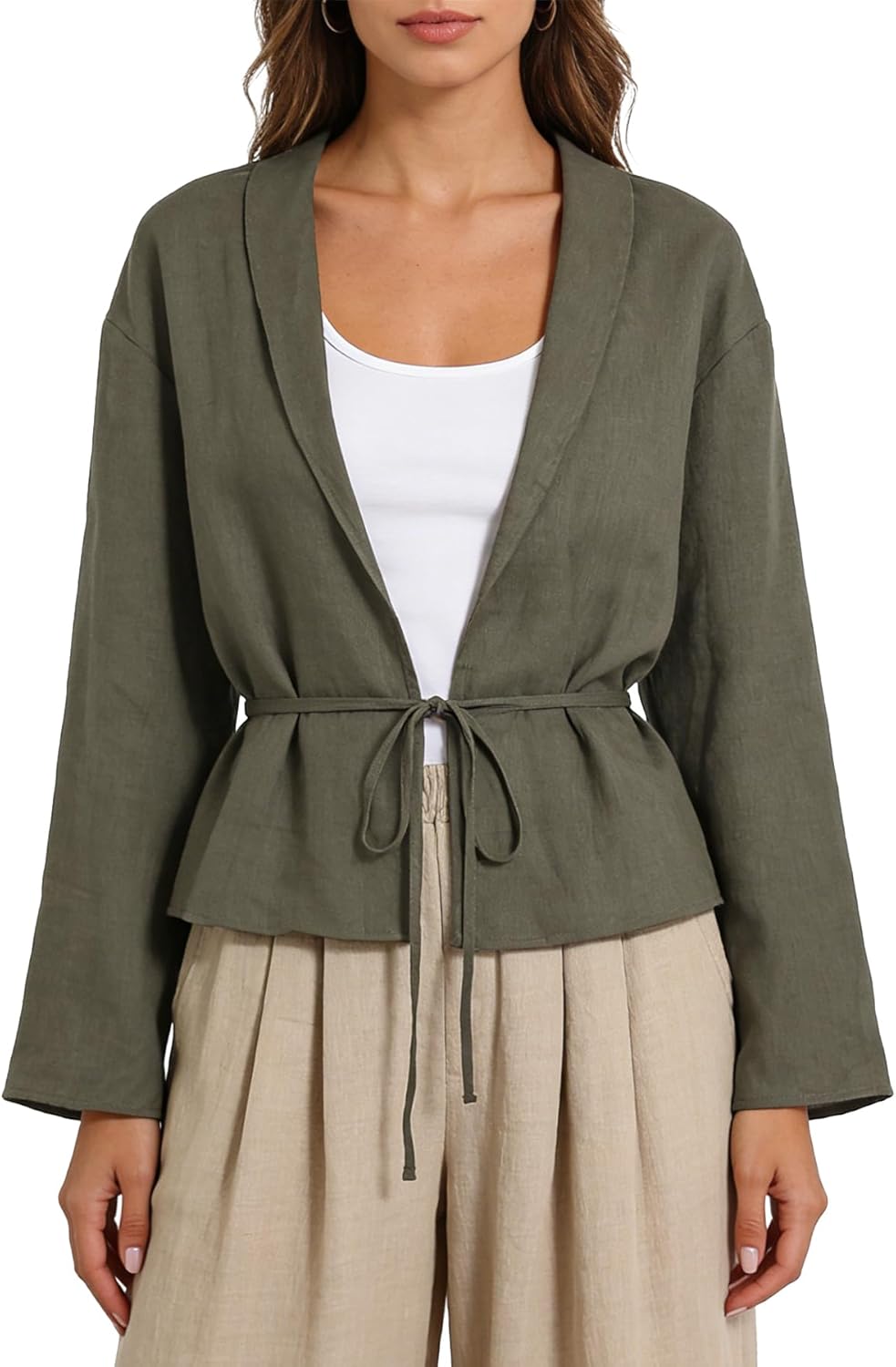 Amazhiyu Womens 100% Linen Lightweight Cardigans Long Sleeve Open Front with Tie