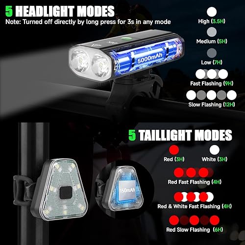 Miniatura 4 de Luces de bicicleta superbrillantes para conducción nocturna, 5+5 modos USB C recargable LED luz de bicicleta delantera y trasera, 2000 lúmenes faro