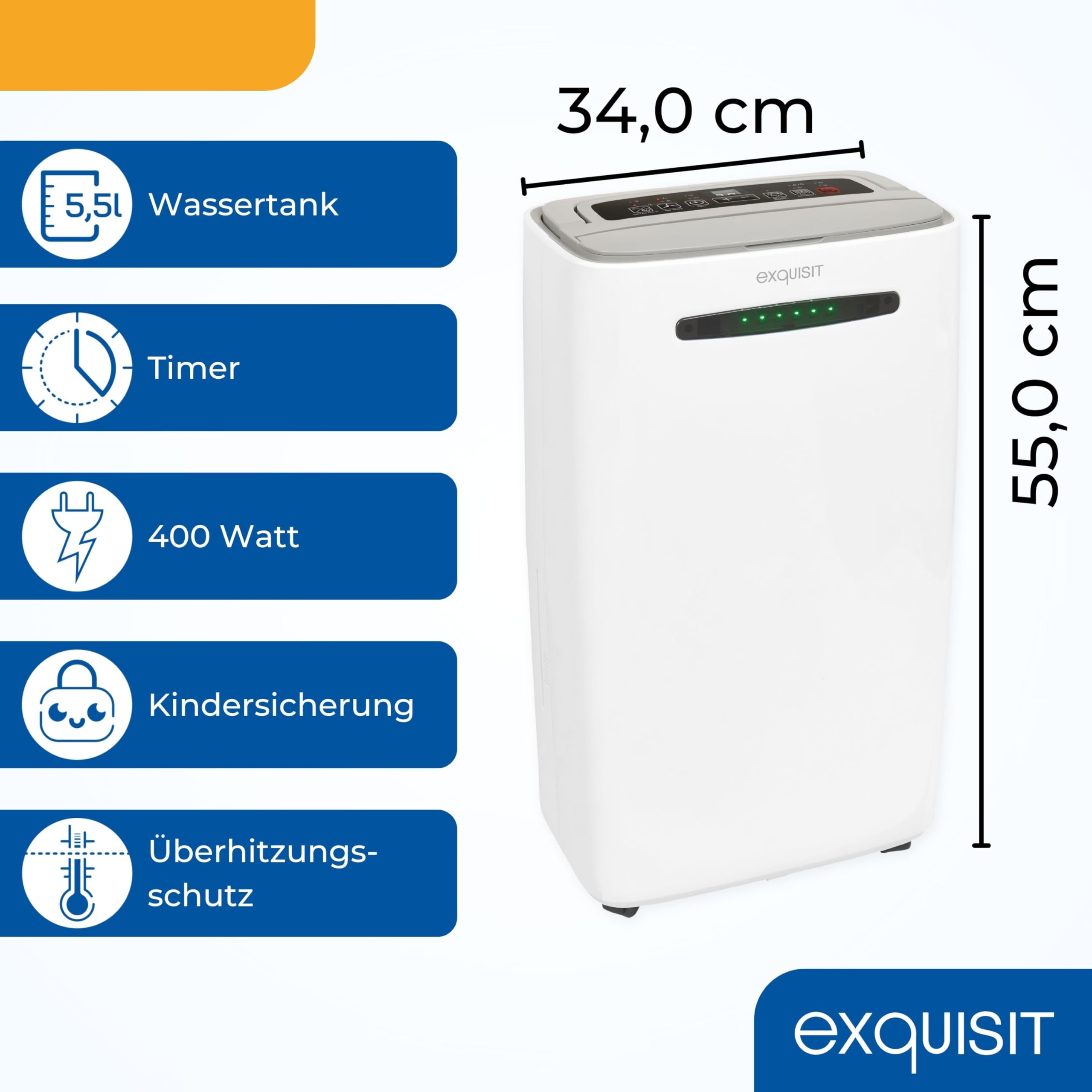 Exquisit Mobiler Luftentfeuchter, 5,5 Liter Wassertank, 400 Watt, 180m³/h, Timer, Für 30-35m², Betriebs-LED, Kindersicherung, Neustart-Funktion, LE 2055 wes